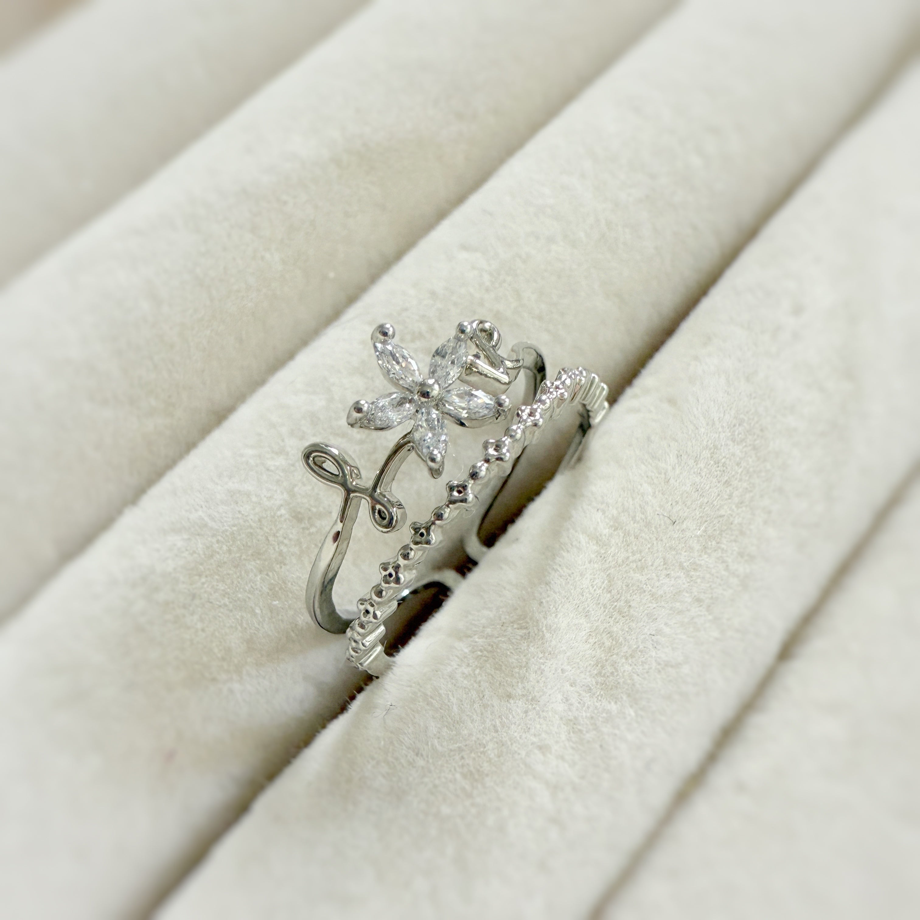 Love Blooms Dainty Petals Silver Double Band Adjustable Ring - Sisilia Jewels