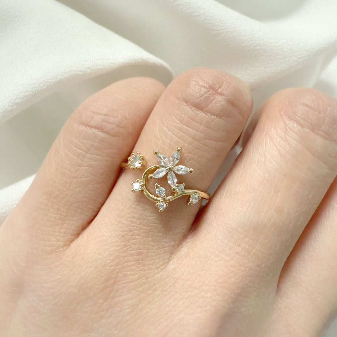 Nail Adorned Dainty Floral Gold Adjustable Ring - Sisilia Jewels