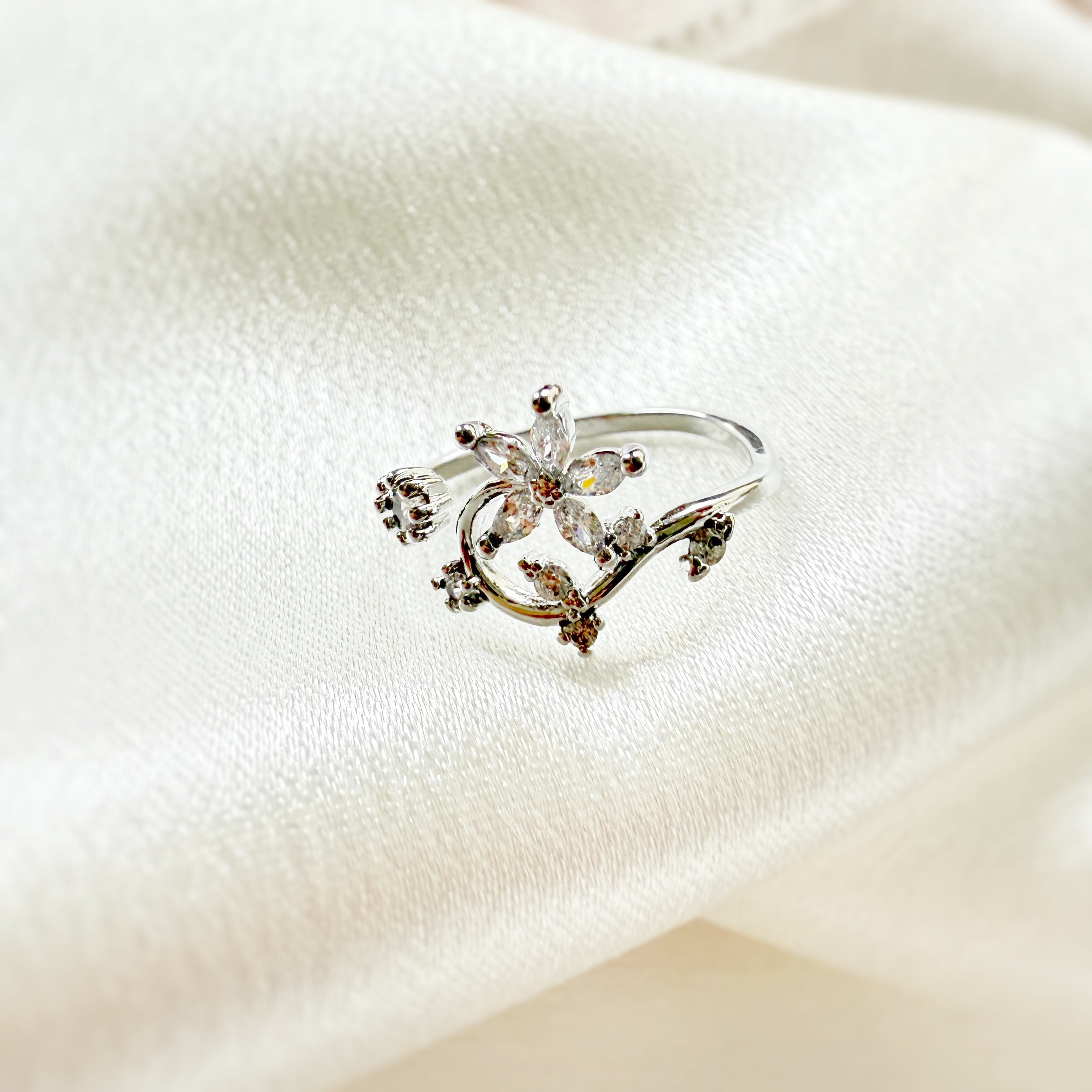 Nail Adorned Dainty Floral Silver Adjustable Ring - Sisilia Jewels