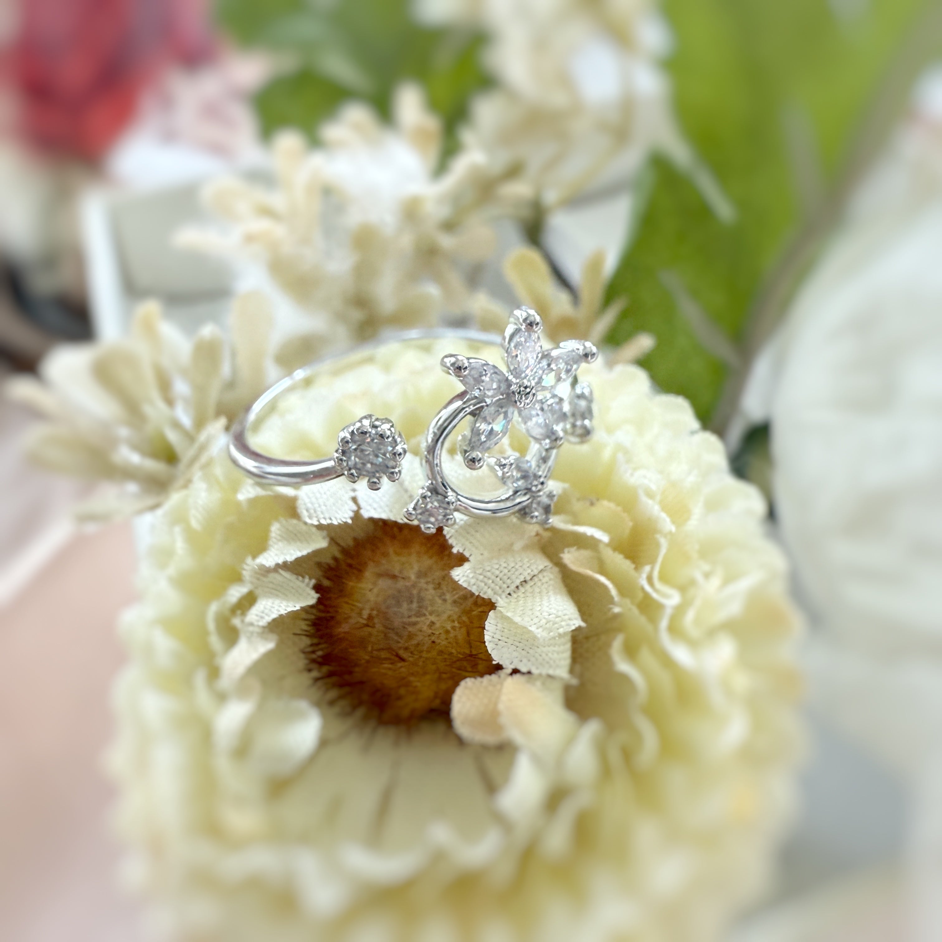 Nail Adorned Dainty Floral Silver Adjustable Ring - Sisilia Jewels