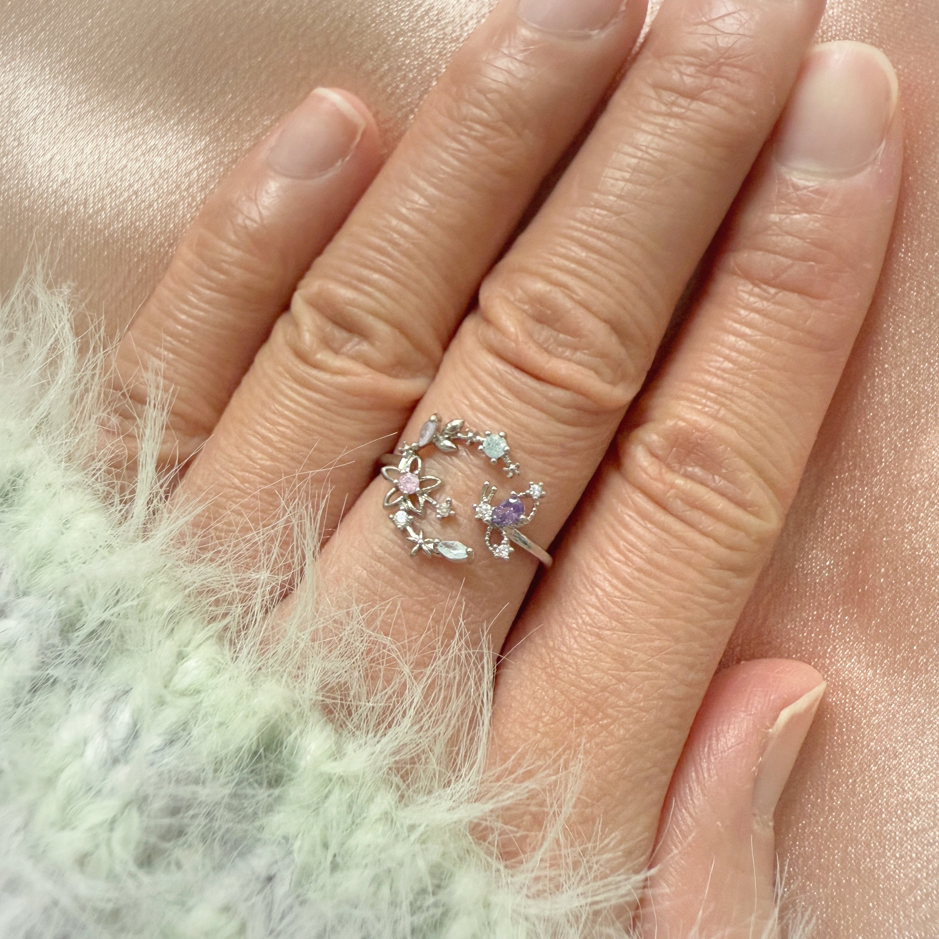 Crescent Starflower Elegance Silver Adjustable Ring - Sisilia Jewels