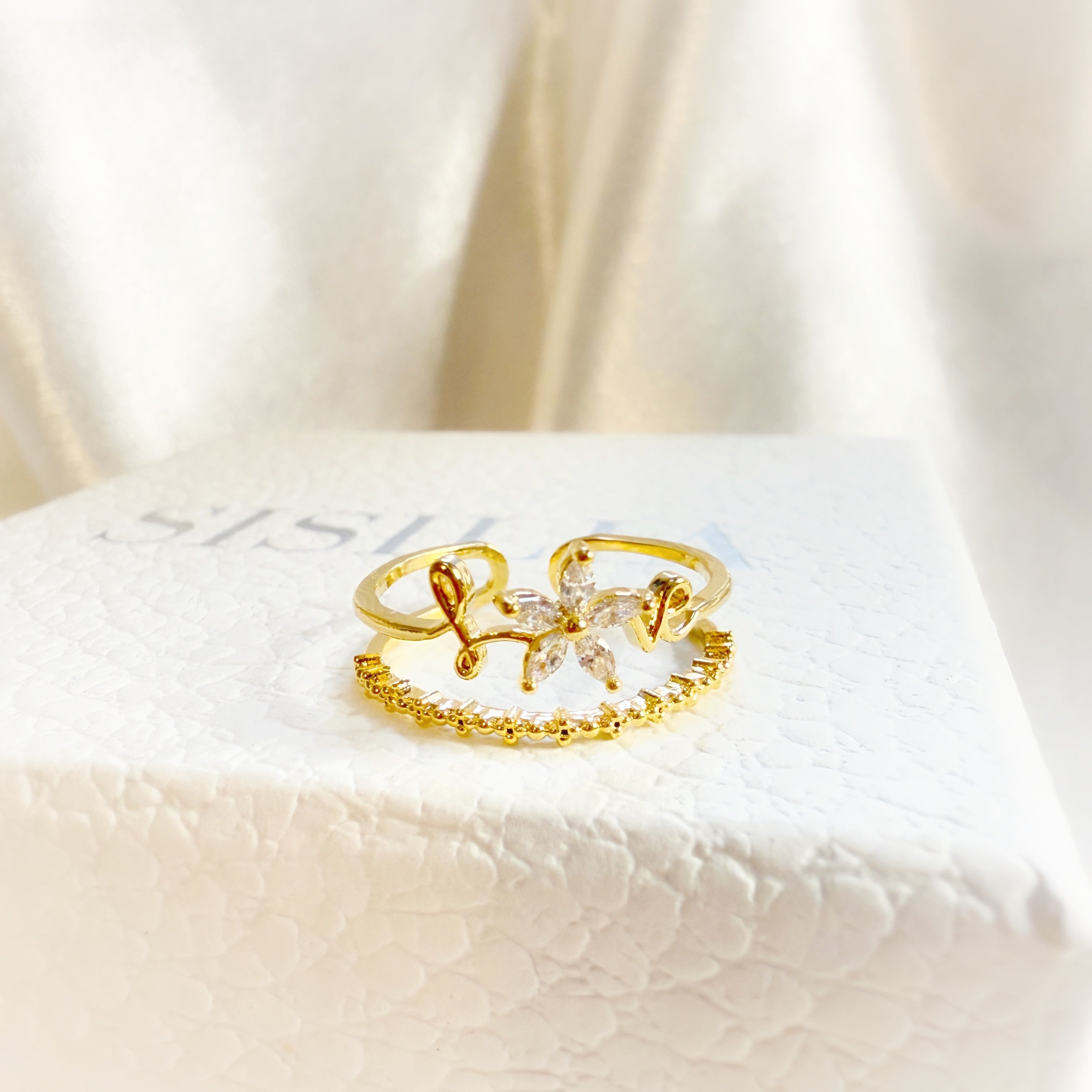 Love Blooms Dainty Petals Gold Double Band Adjustable Ring - Sisilia Jewels