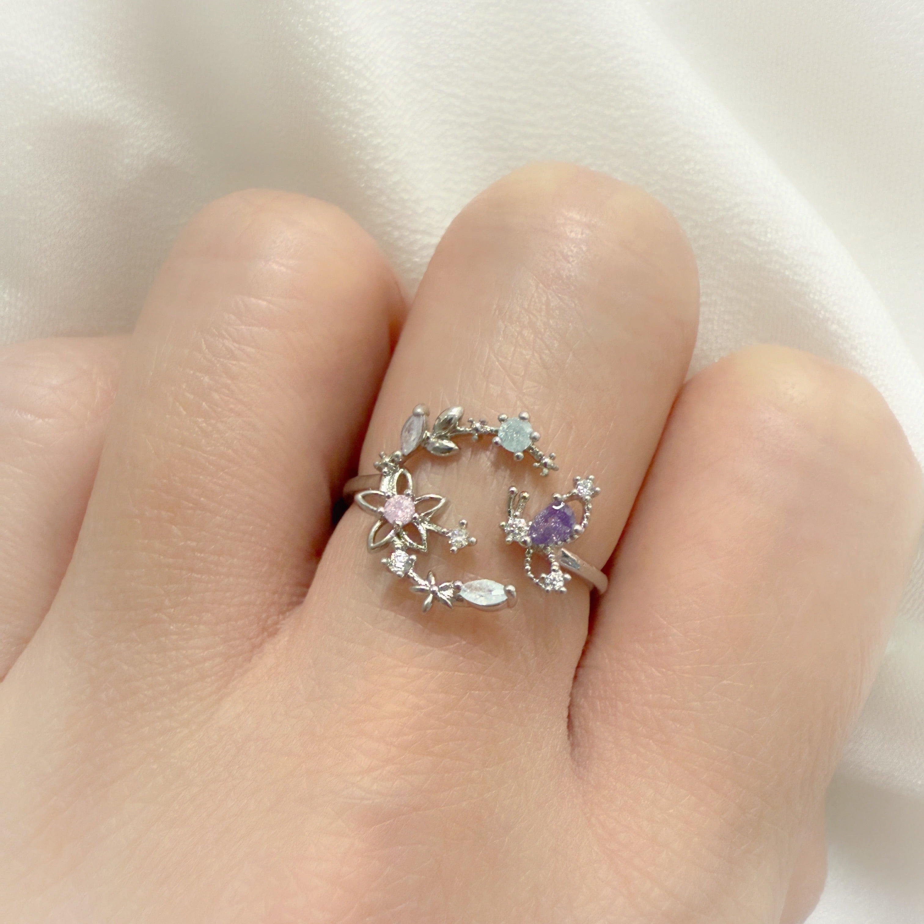 Crescent Starflower Elegance Silver Adjustable Ring - Sisilia Jewels