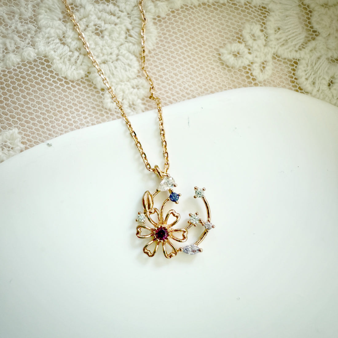 Flower On Moon Rose Gold Pendant necklace - Sisilia Jewels
