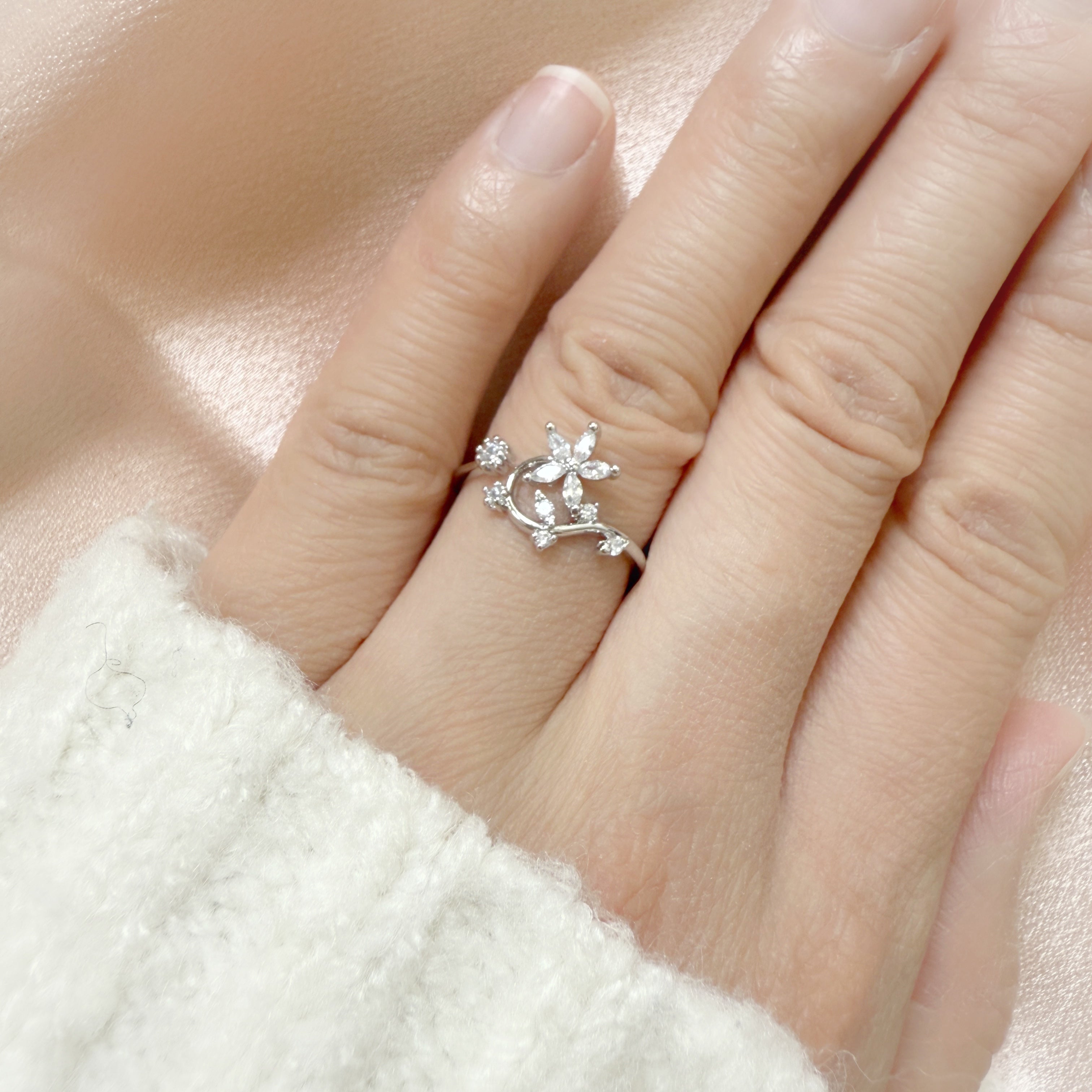 Nail Adorned Dainty Floral Silver Adjustable Ring - Sisilia Jewels