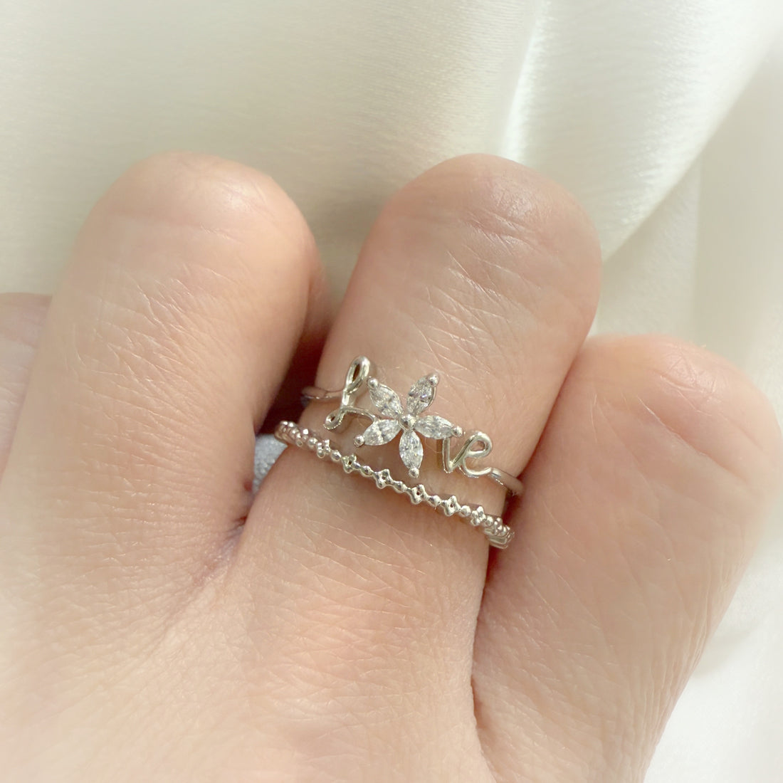 Love Blooms Dainty Petals Silver Double Band Adjustable Ring - Sisilia Jewels