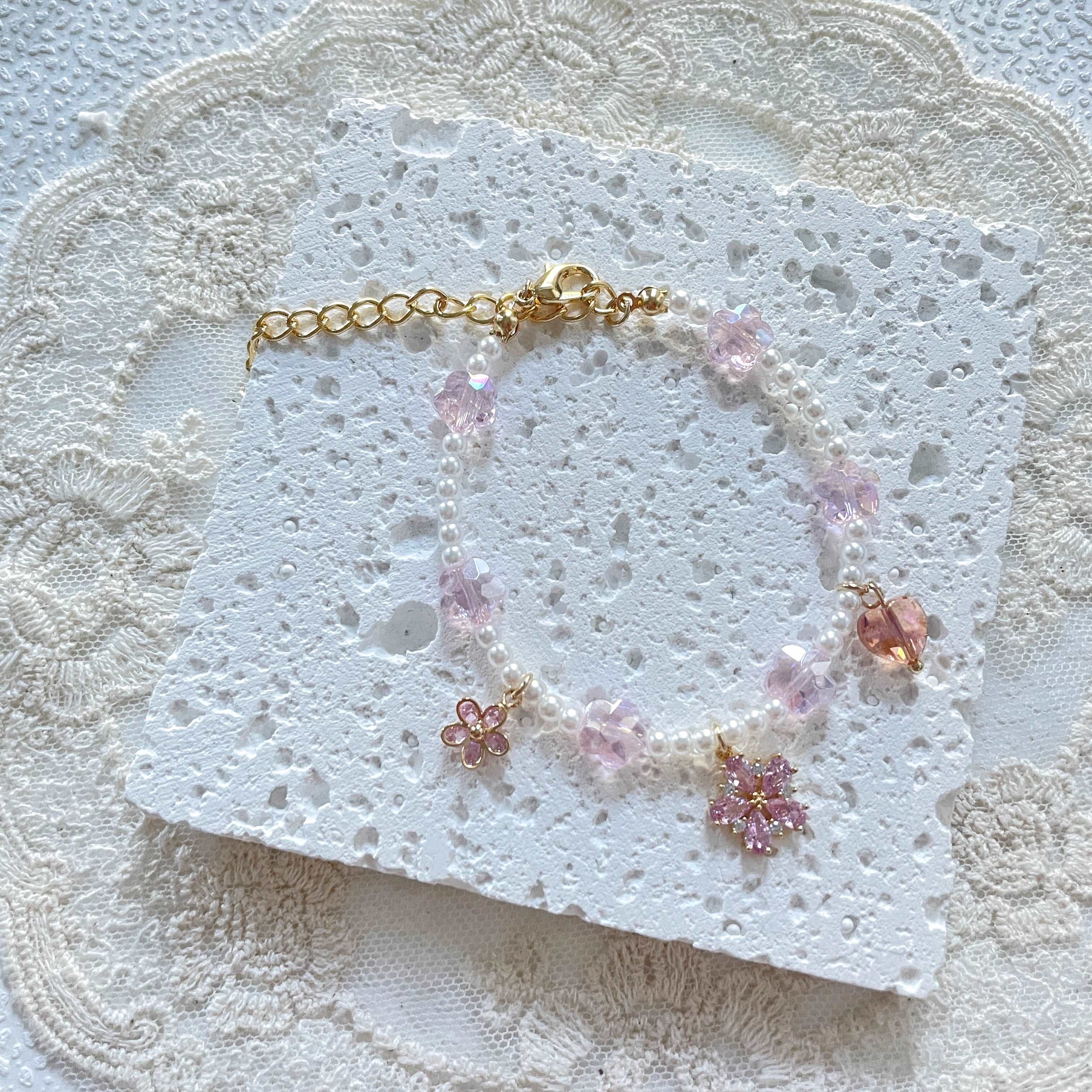 Pink flower crystal charm bracelet - Sisilia Jewels