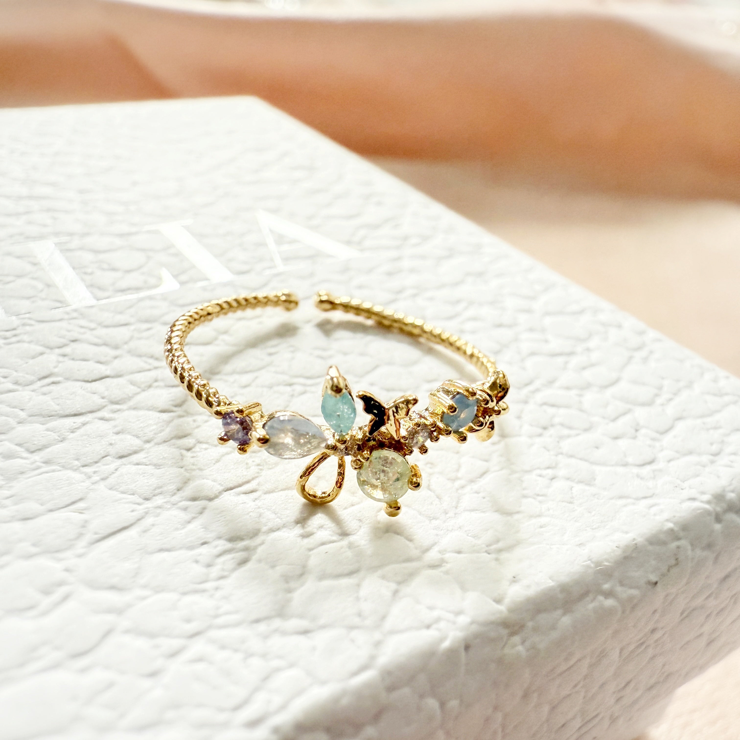 Gemmed Blossom Chic Flutter Gold Open Ring - Sisilia Jewels