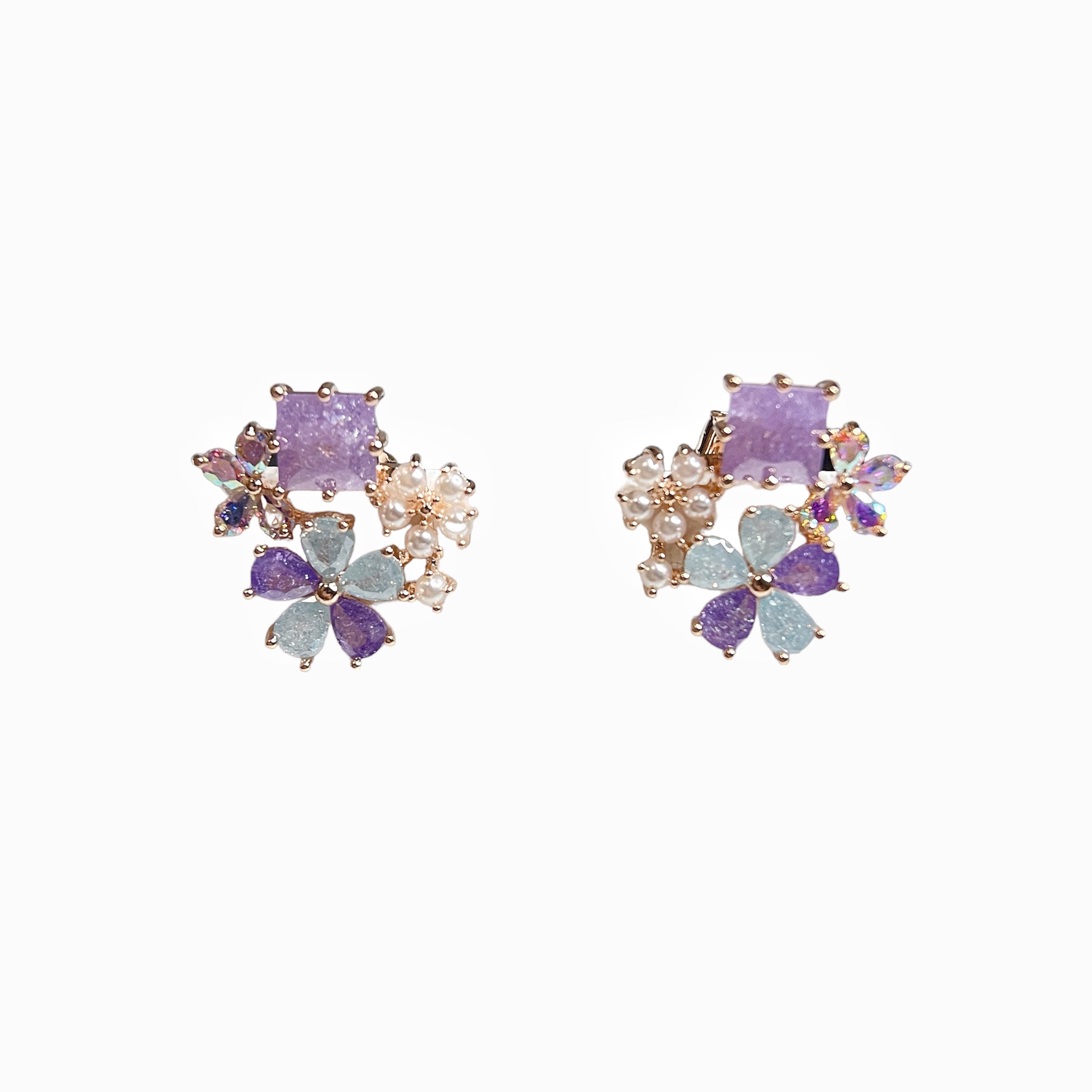 Pair of multi colored stone earring studs crafted with tiny pearls, sparkle crystals, amethyst and aquamarine in dream ethereal bloom style - Sisilia Jewels