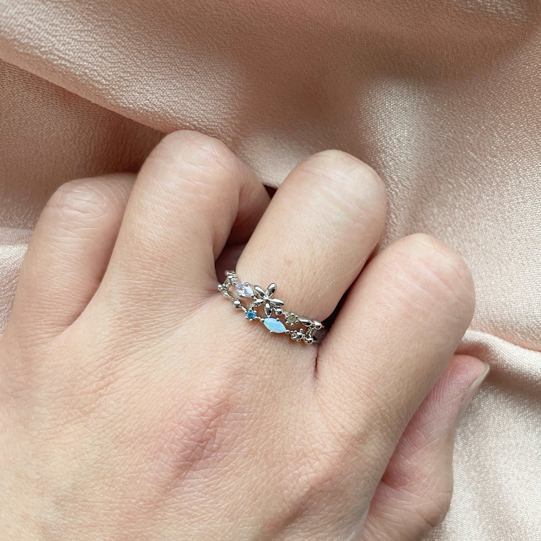 Gemstone Bloom Harmony Silver Double Band Adjustable Ring - Sisilia Jewels