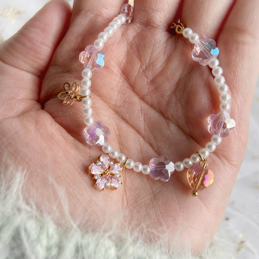 Pink flower crystal charm bracelet - Sisilia Jewels
