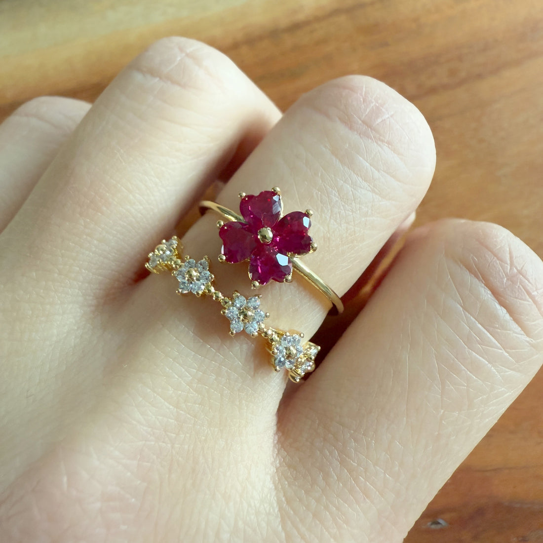 Four-Leaf Clover Ruby Double Band Adjustable Ring - Sisilia Jewels