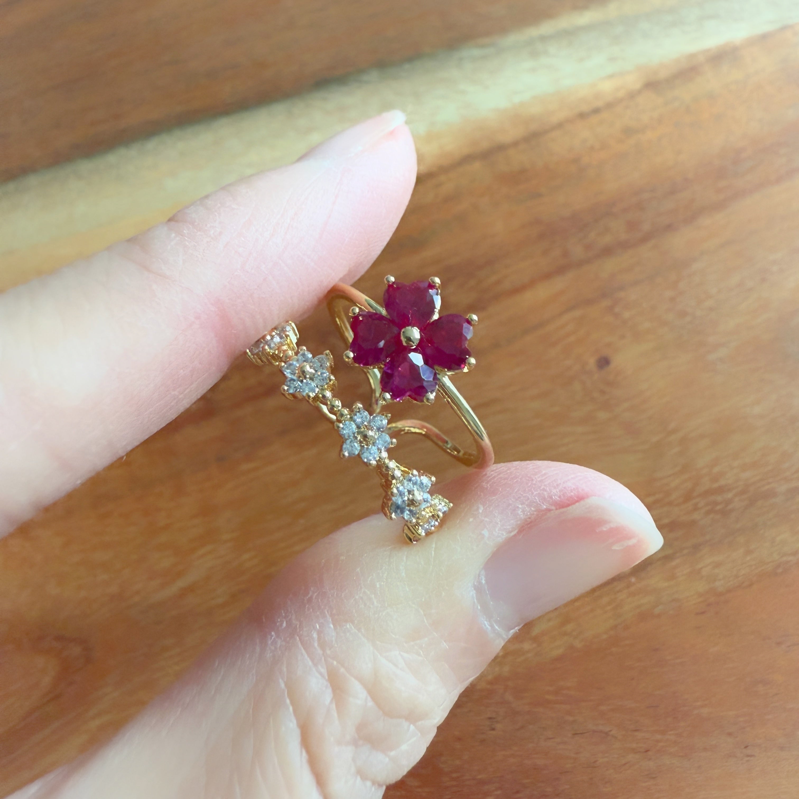 Four-Leaf Clover Ruby Double Band Adjustable Ring - Sisilia Jewels