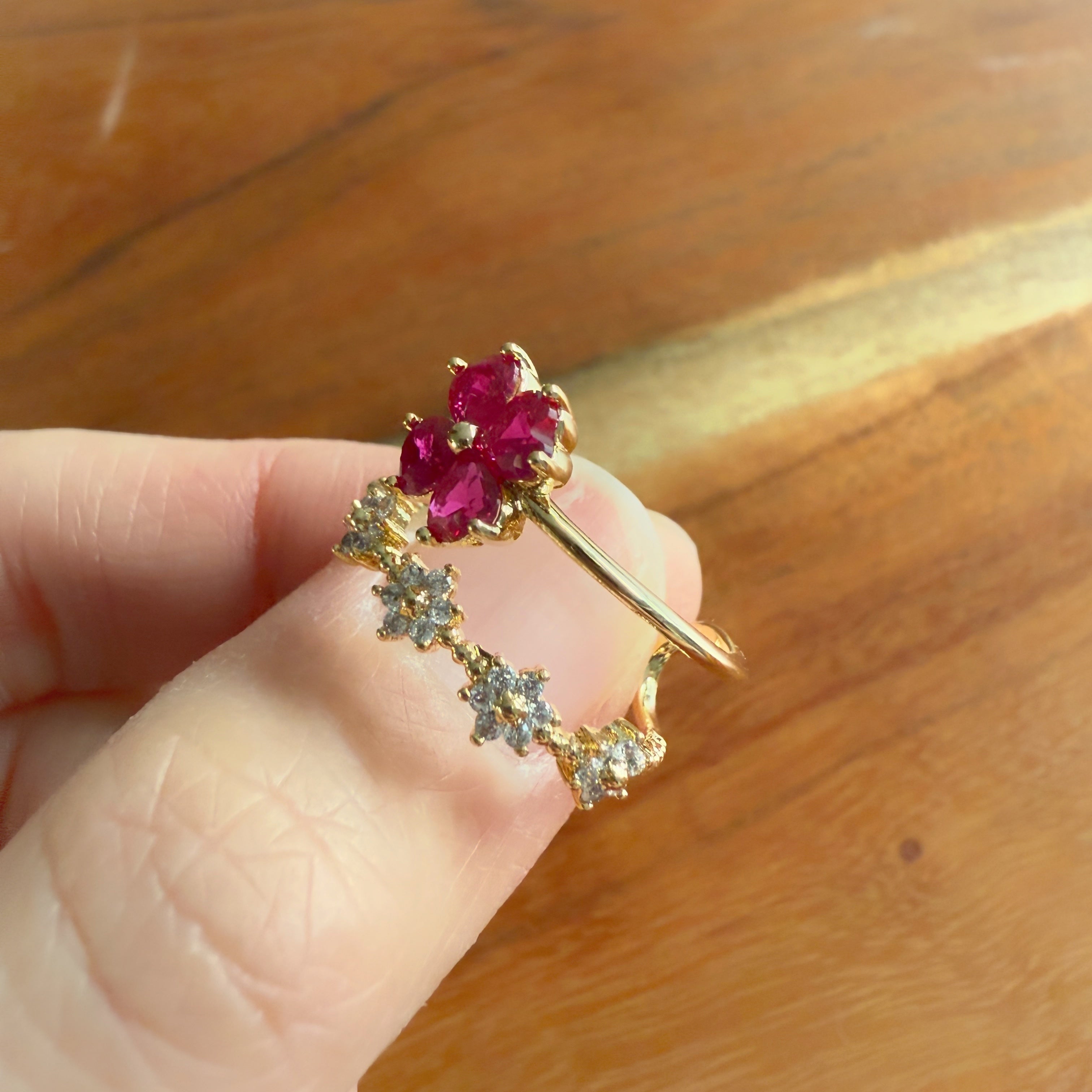 Four-Leaf Clover Ruby Double Band Adjustable Ring - Sisilia Jewels