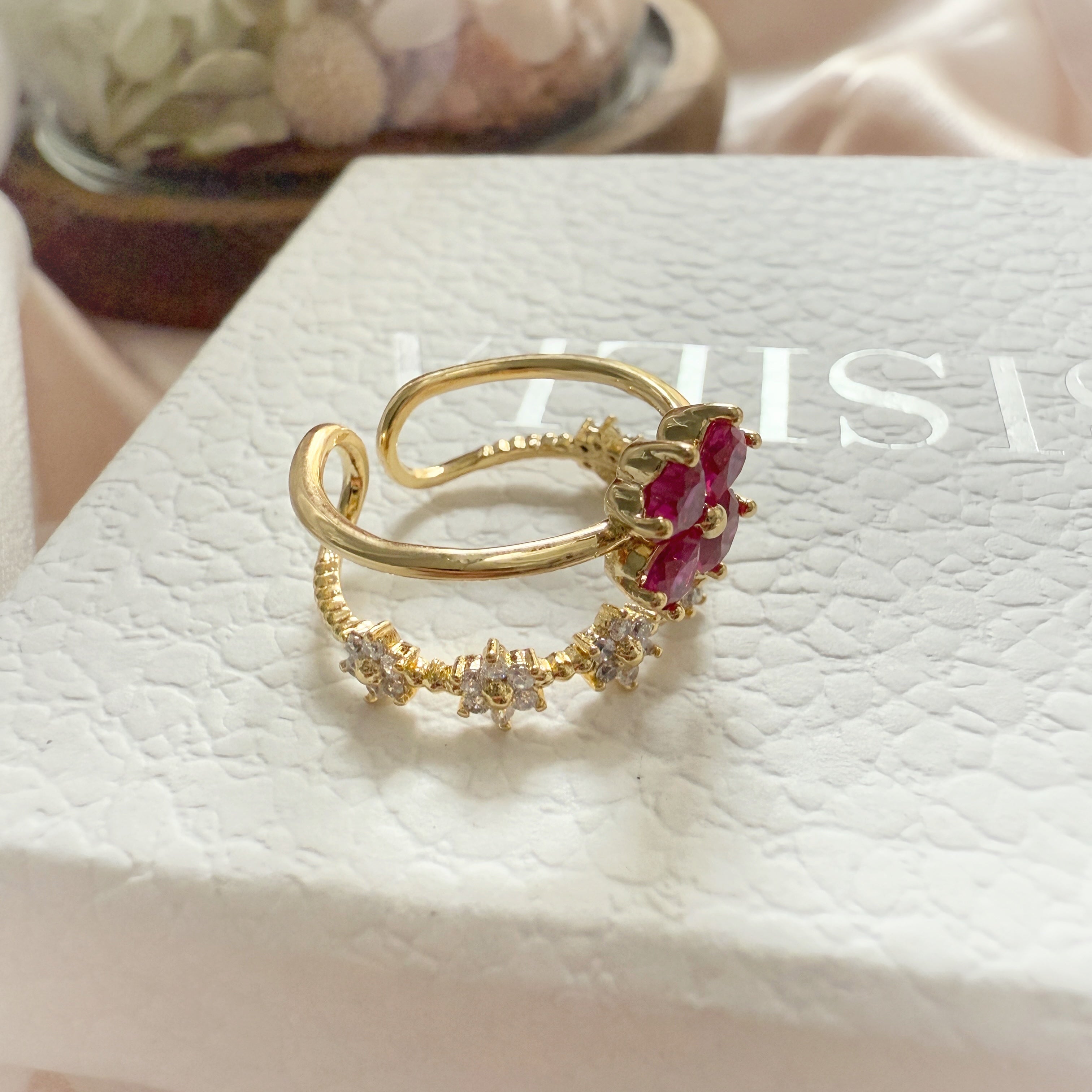 Four-Leaf Clover Ruby Double Band Adjustable Ring - Sisilia Jewels