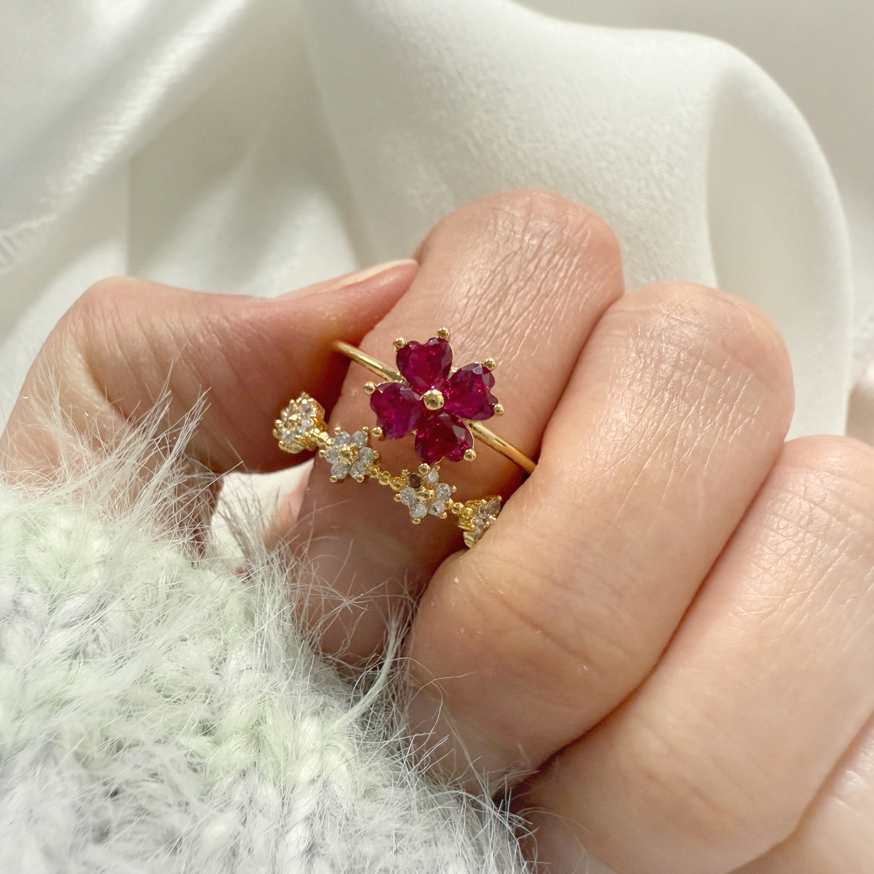 Four-Leaf Clover Ruby Double Band Adjustable Ring - Sisilia Jewels