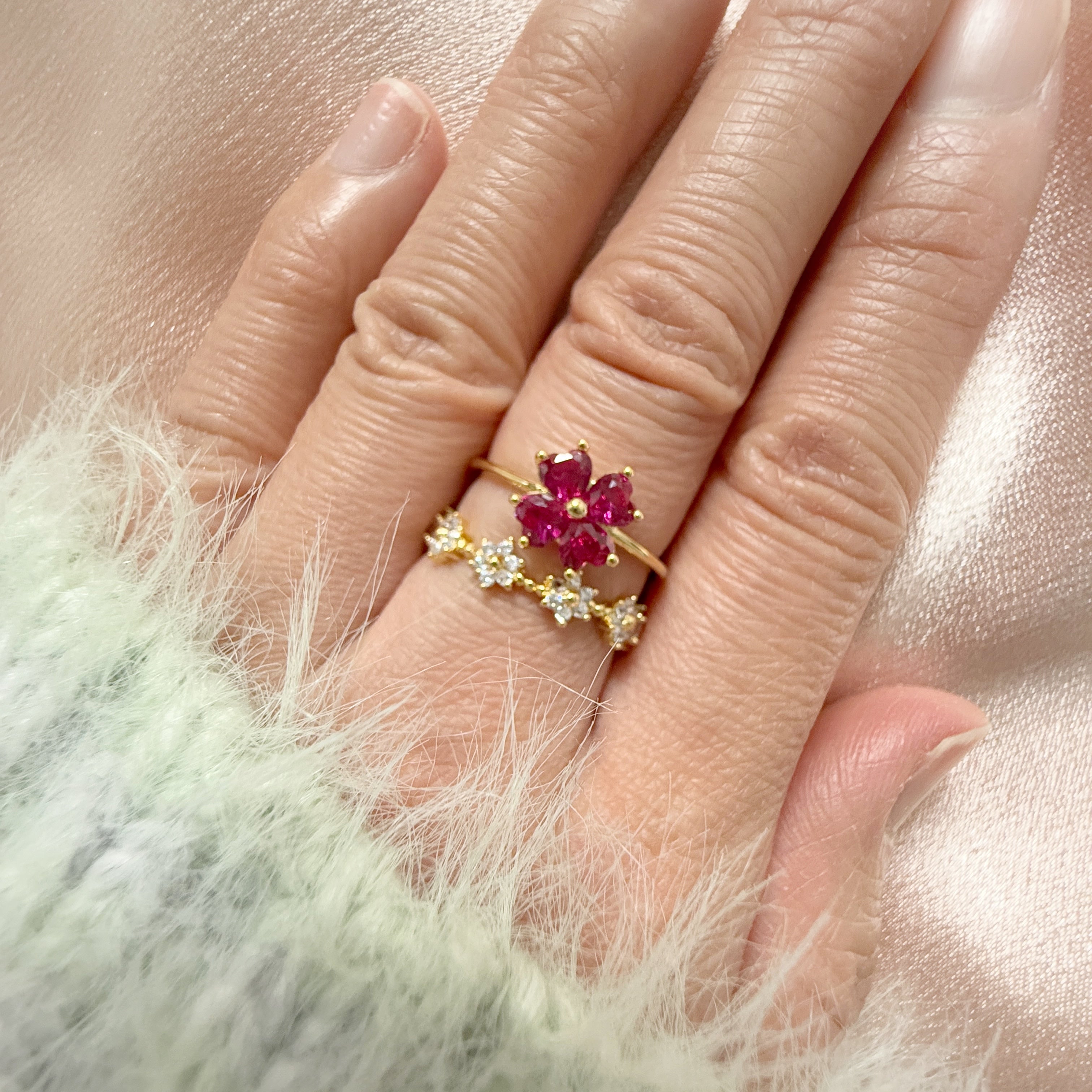 Four-Leaf Clover Ruby Double Band Adjustable Ring - Sisilia Jewels