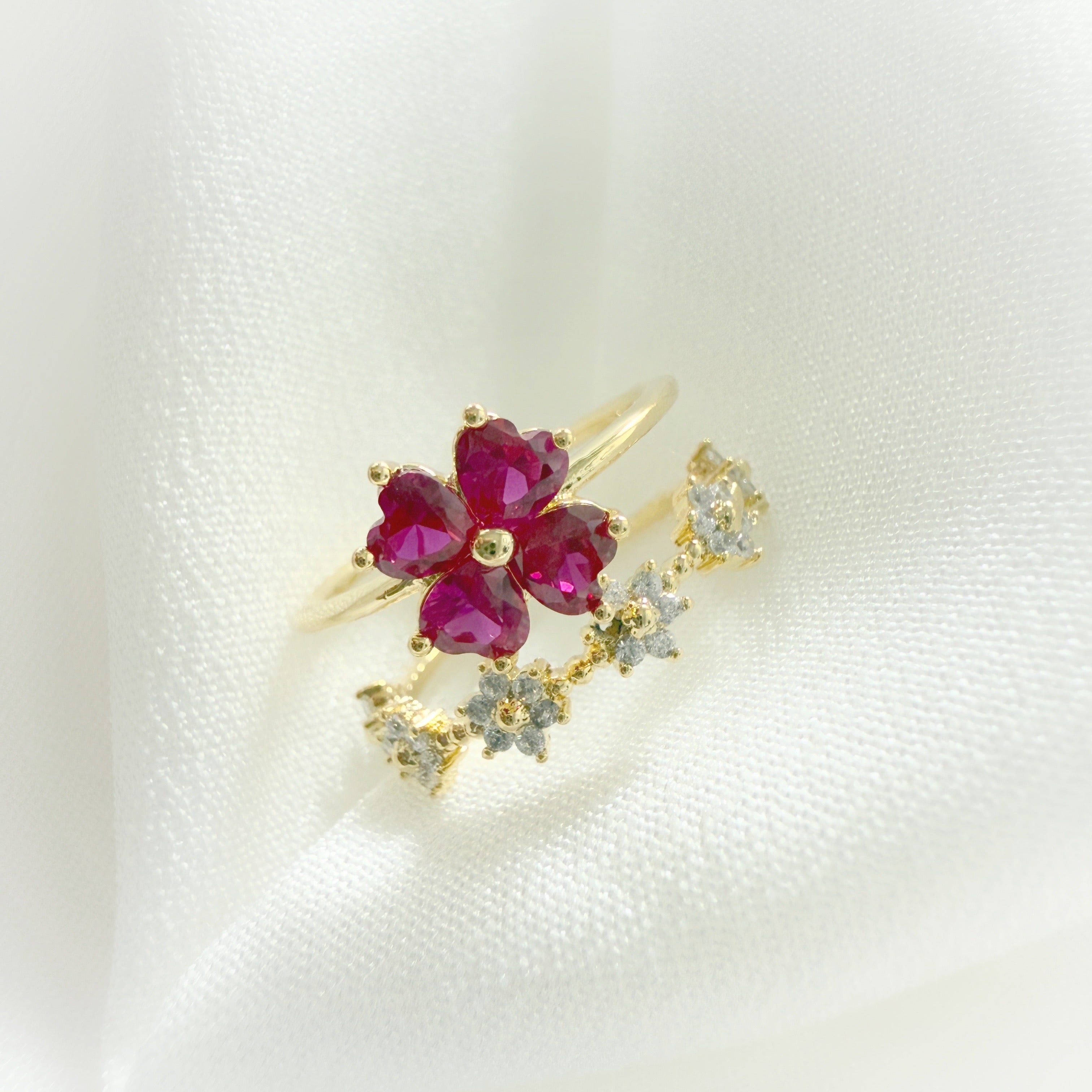 Four-Leaf Clover Ruby Double Band Adjustable Ring - Sisilia Jewels