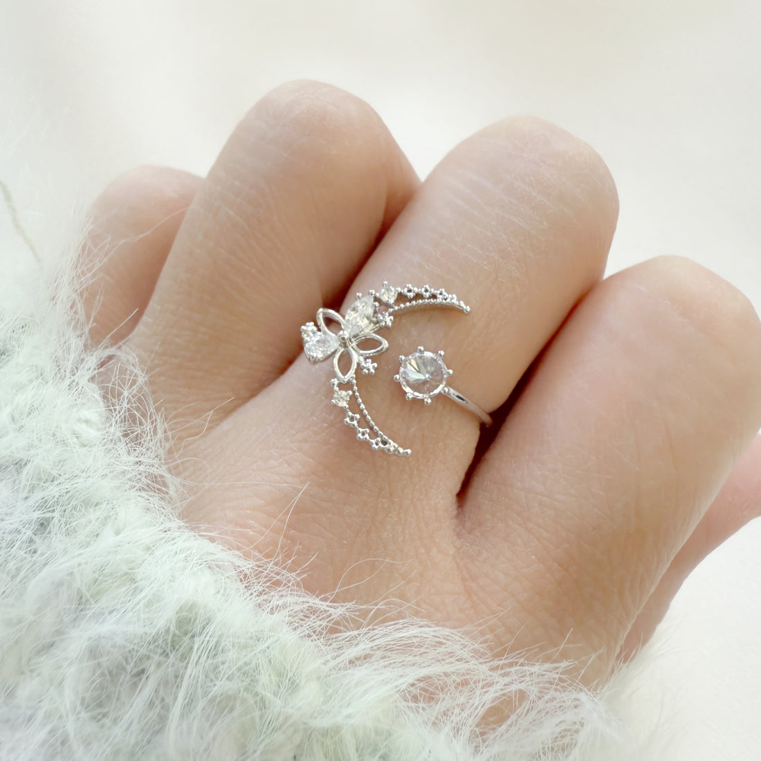 Eternal Bloom Silver Crescent Moon Ring - Sisilia Jewels