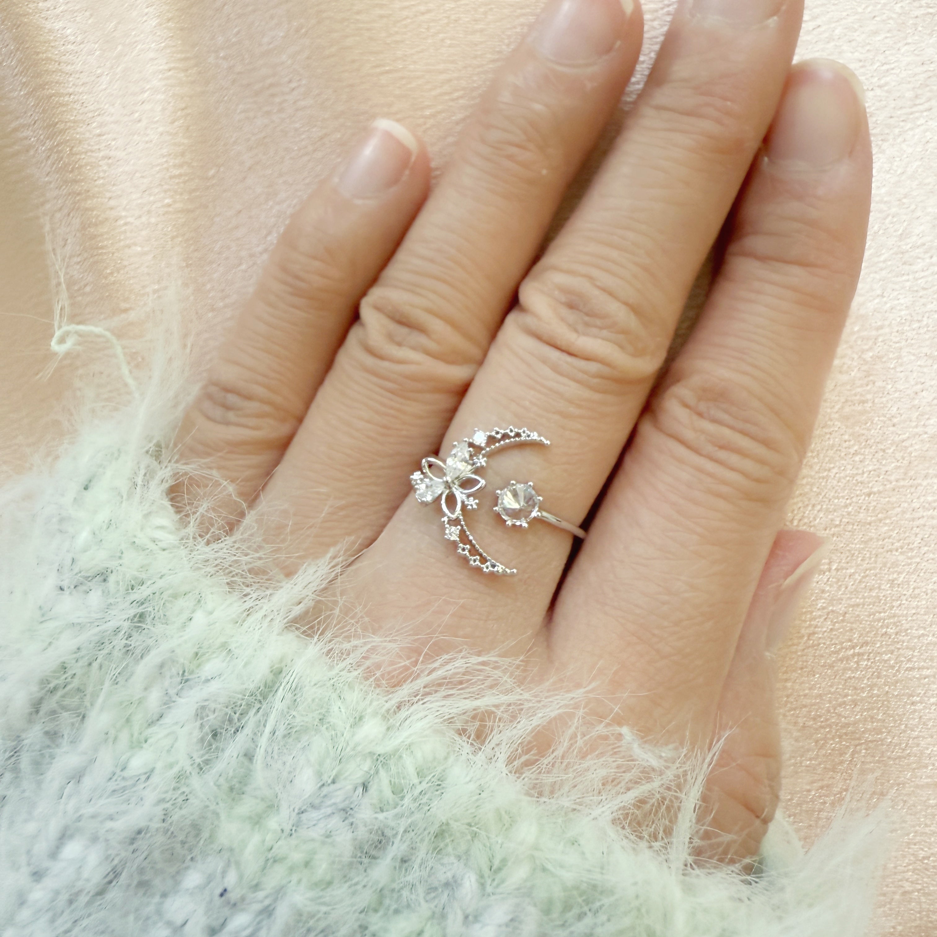 Eternal Bloom Silver Crescent Moon Ring - Sisilia Jewels