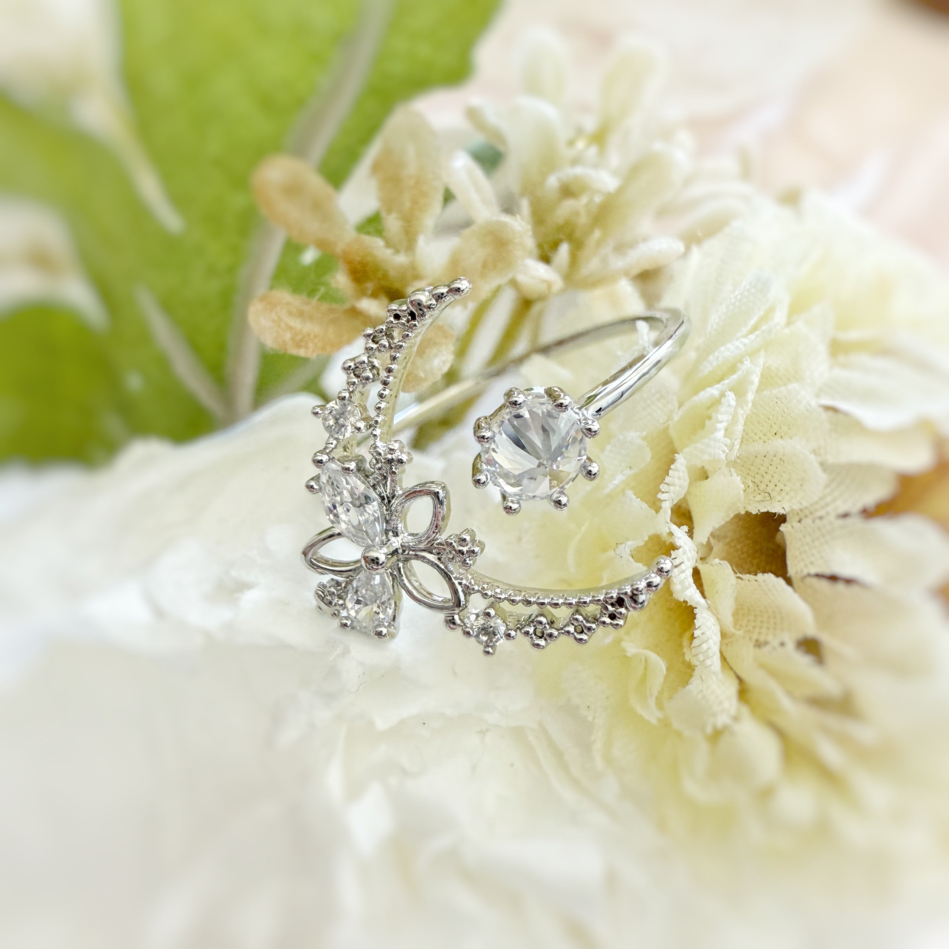 Eternal Bloom Silver Crescent Moon Ring - Sisilia Jewels