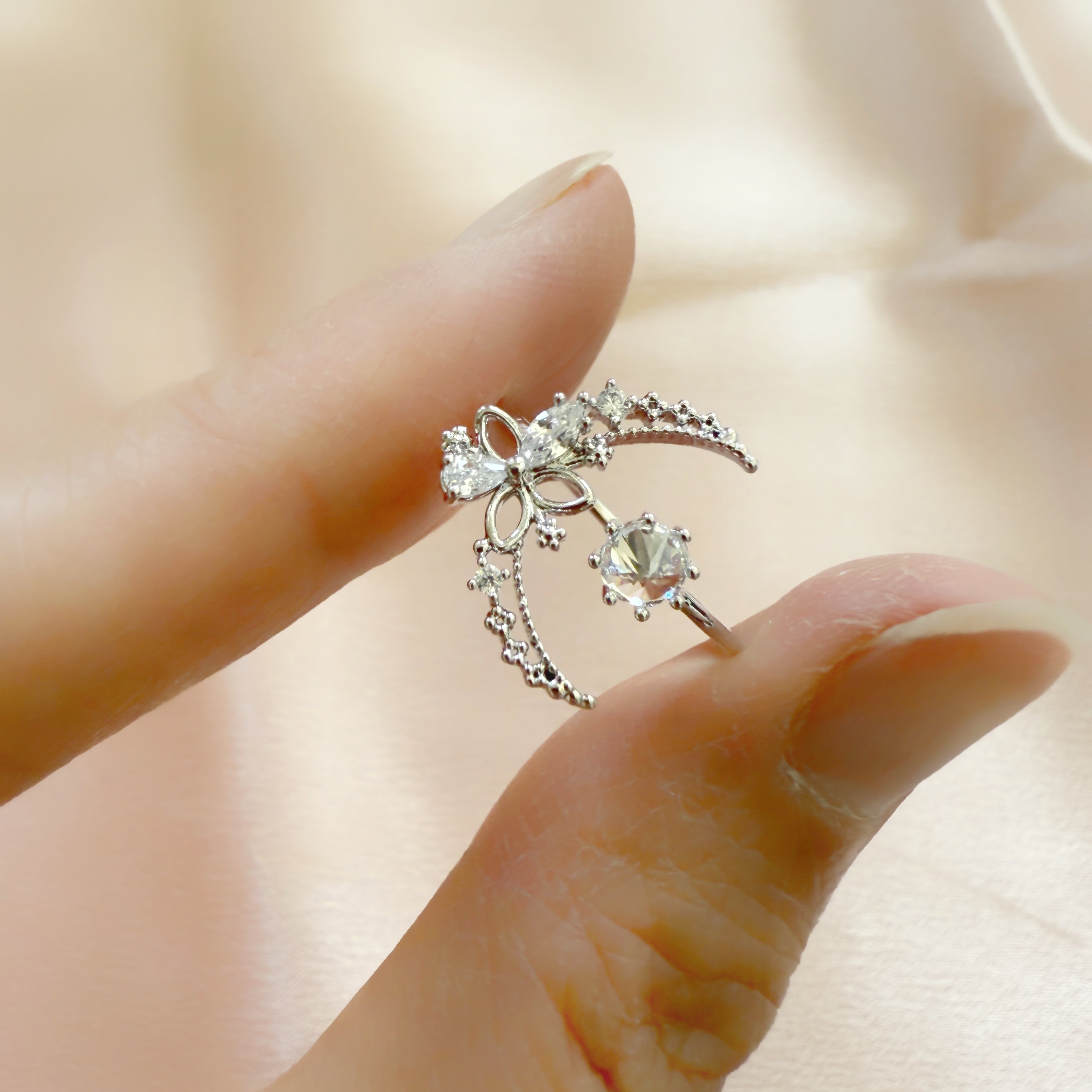 Eternal Bloom Silver Crescent Moon Ring - Sisilia Jewels