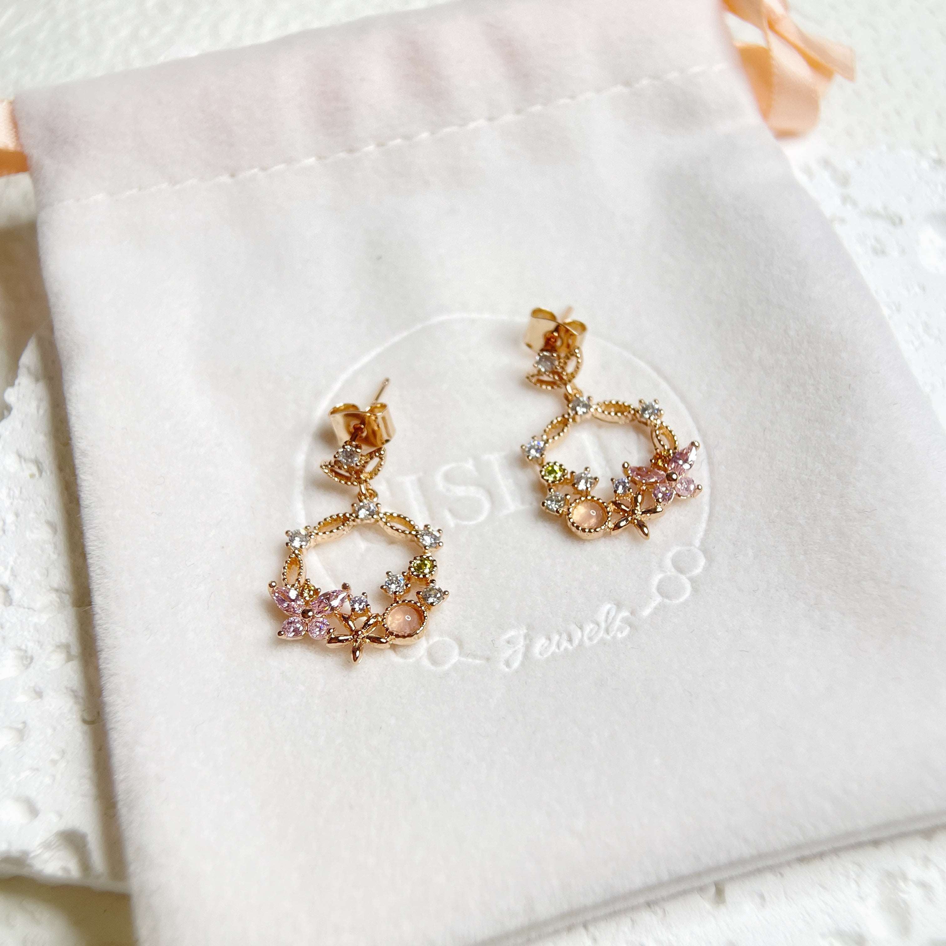 Pair of Rose Gold Drop earrings crafted with pink gemstone in butterfly design enriched by a flower wreath highlighted by Cubic Zirconia. Ideal colorful Jewelry gift for her in different occasions - Sisilia Jewels