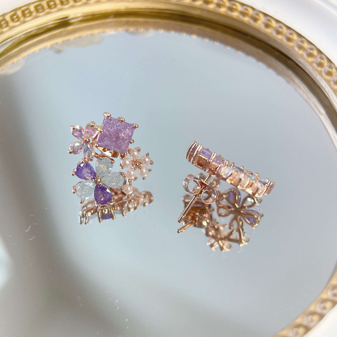 Pair of multi colored stone earring studs crafted with tiny pearls, sparkle crystals, amethyst and aquamarine in dream ethereal bloom style - Sisilia Jewels