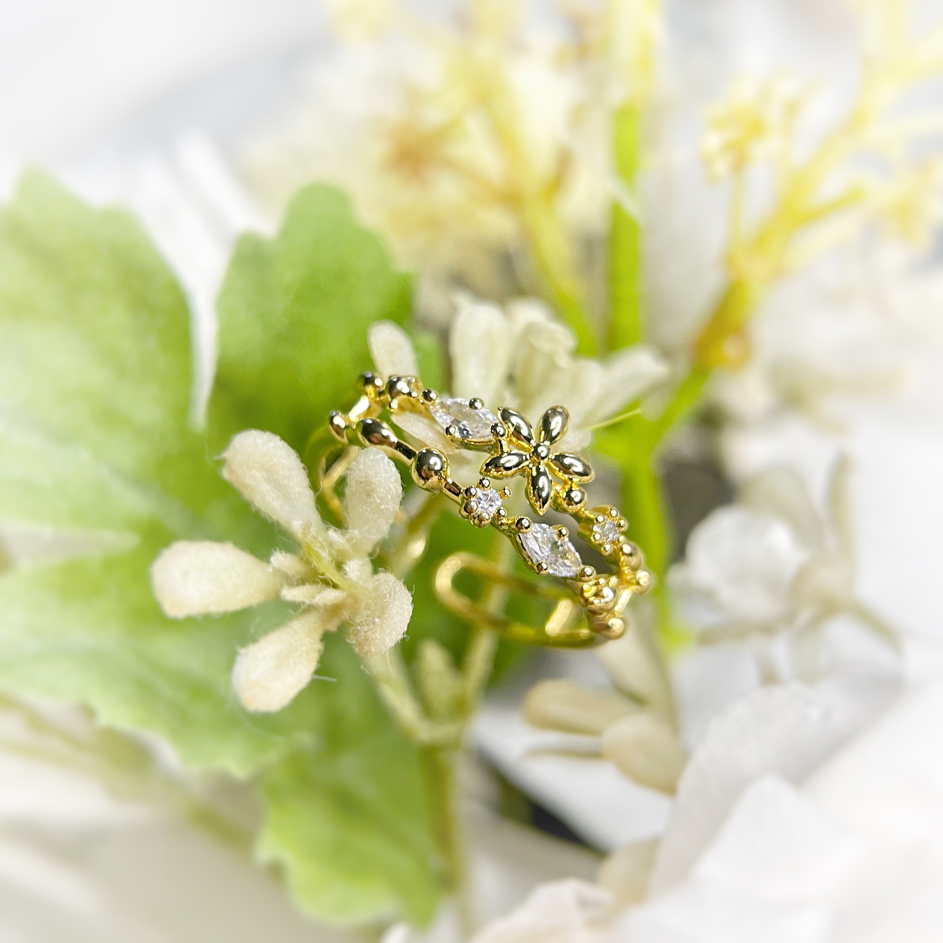 Adjustable Gold Ring & Flower Earring Studs Set - Sisilia Jewels