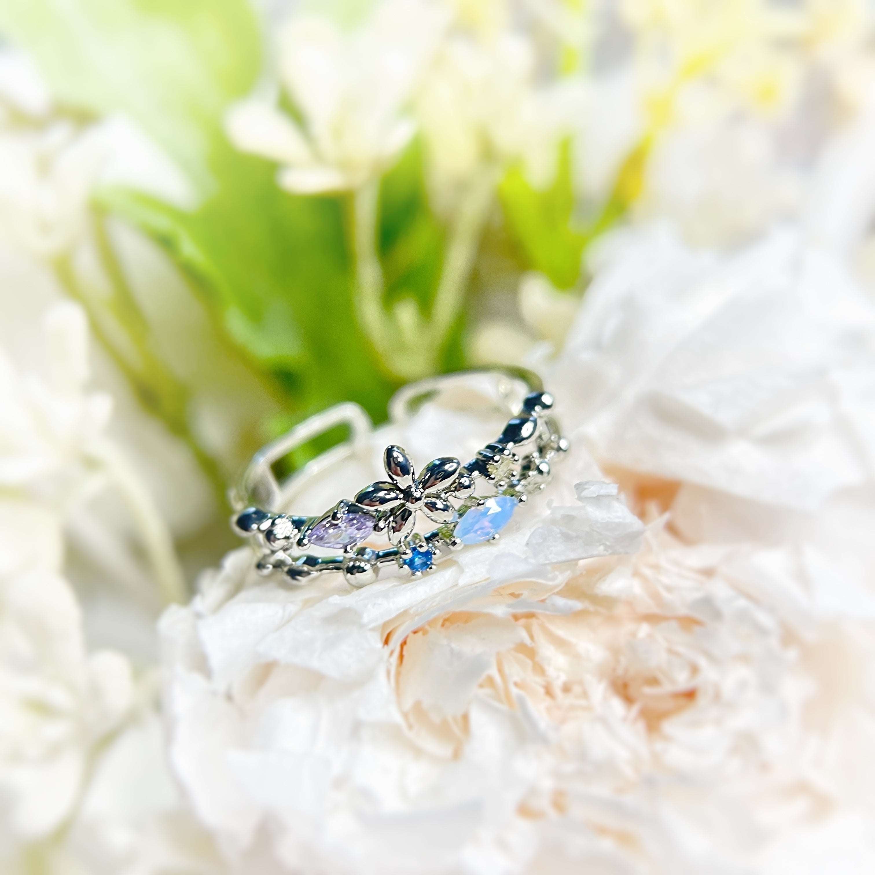Gemstone Bloom Harmony Silver Double Band Adjustable Ring - Sisilia Jewels