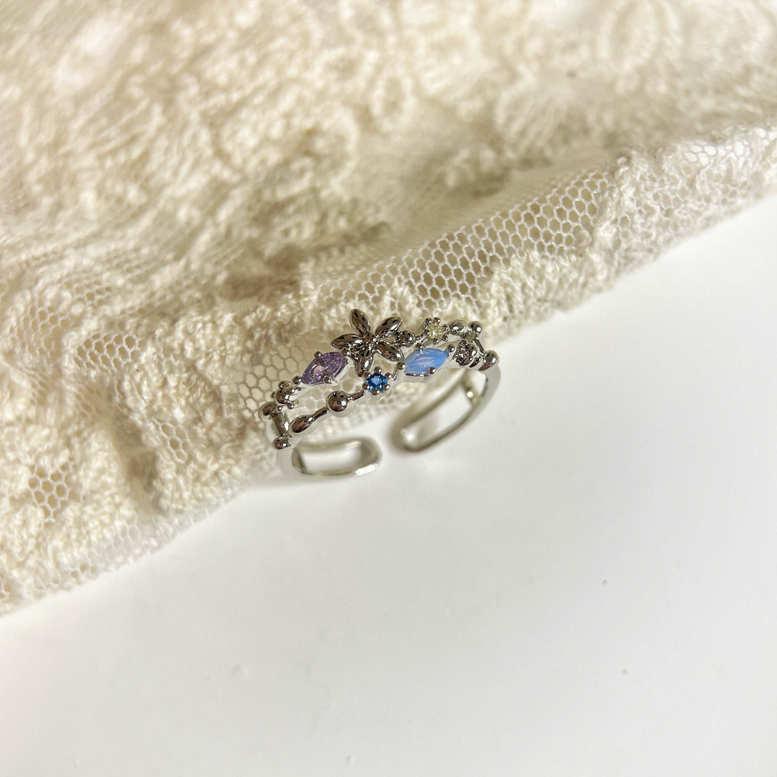 Gemstone Bloom Harmony Silver Double Band Adjustable Ring - Sisilia Jewels