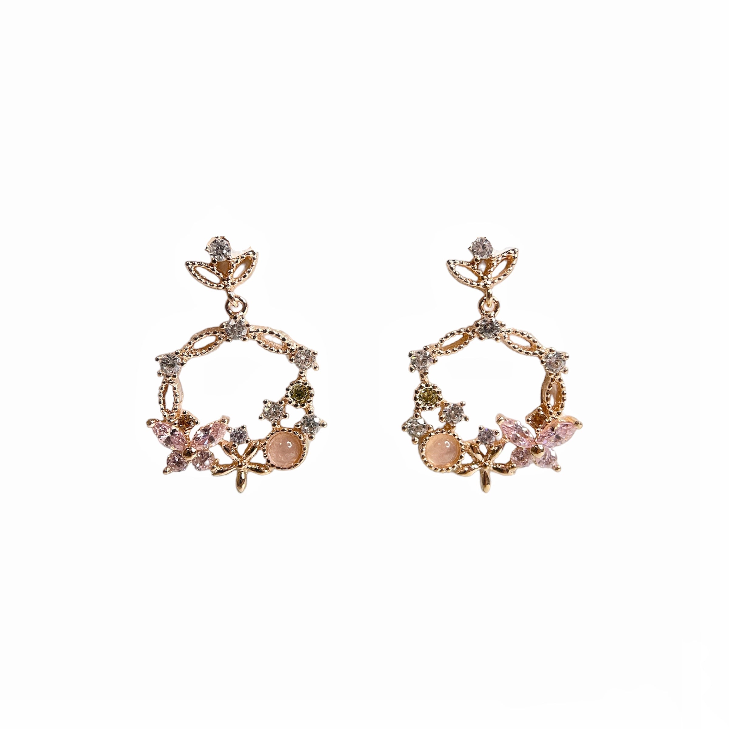 Pair of Rose Gold Drop earrings crafted with pink gemstone in butterfly design enriched by a flower wreath highlighted by Cubic Zirconia. Ideal colorful Jewelry gift for her in different occasions - Sisilia Jewels