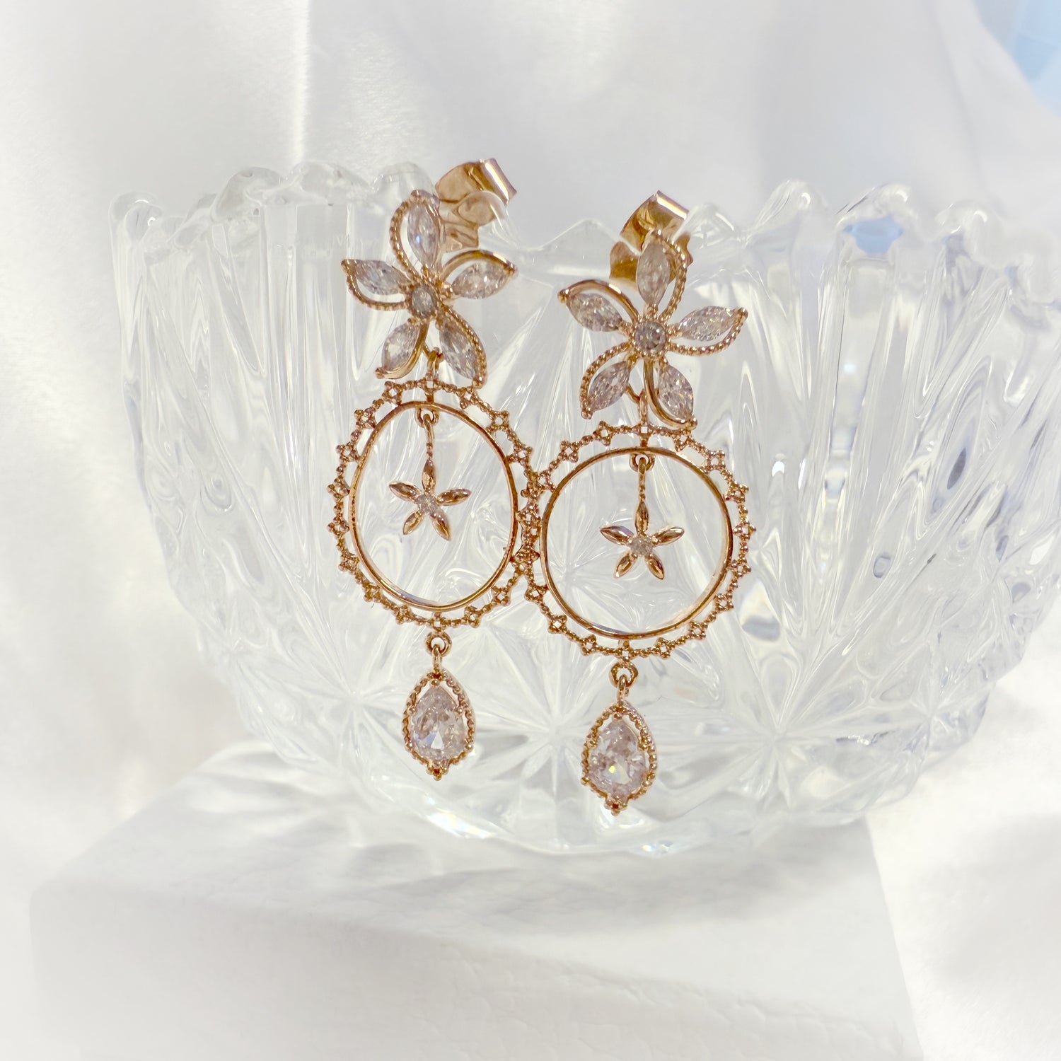 Rosegold Petal Sparkle Dangle Earrings