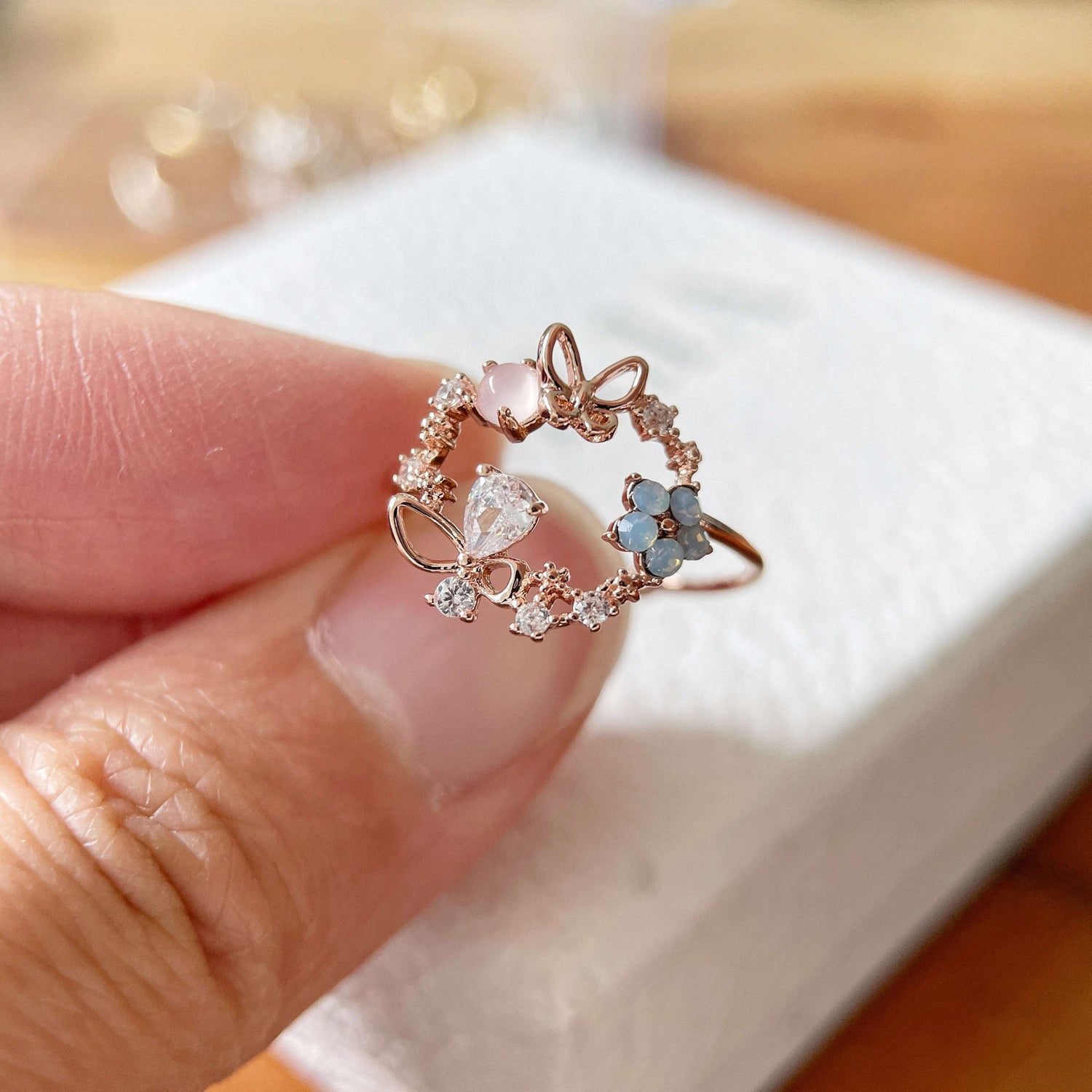 Twirling Butterfly Garden Rose Gold Adjustable Ring