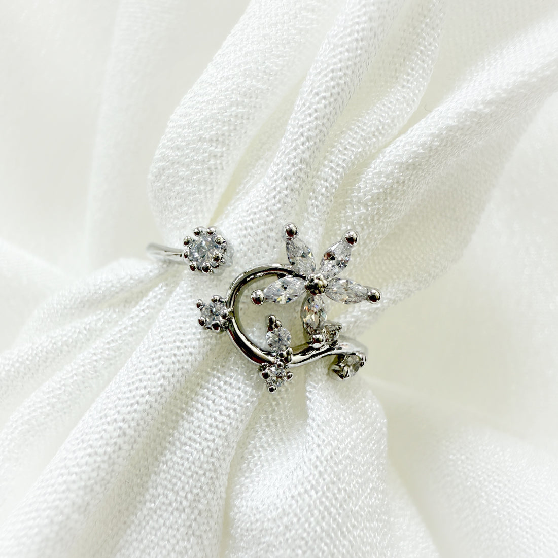 Nail Adorned Dainty Floral Silver Adjustable Ring - Sisilia Jewels