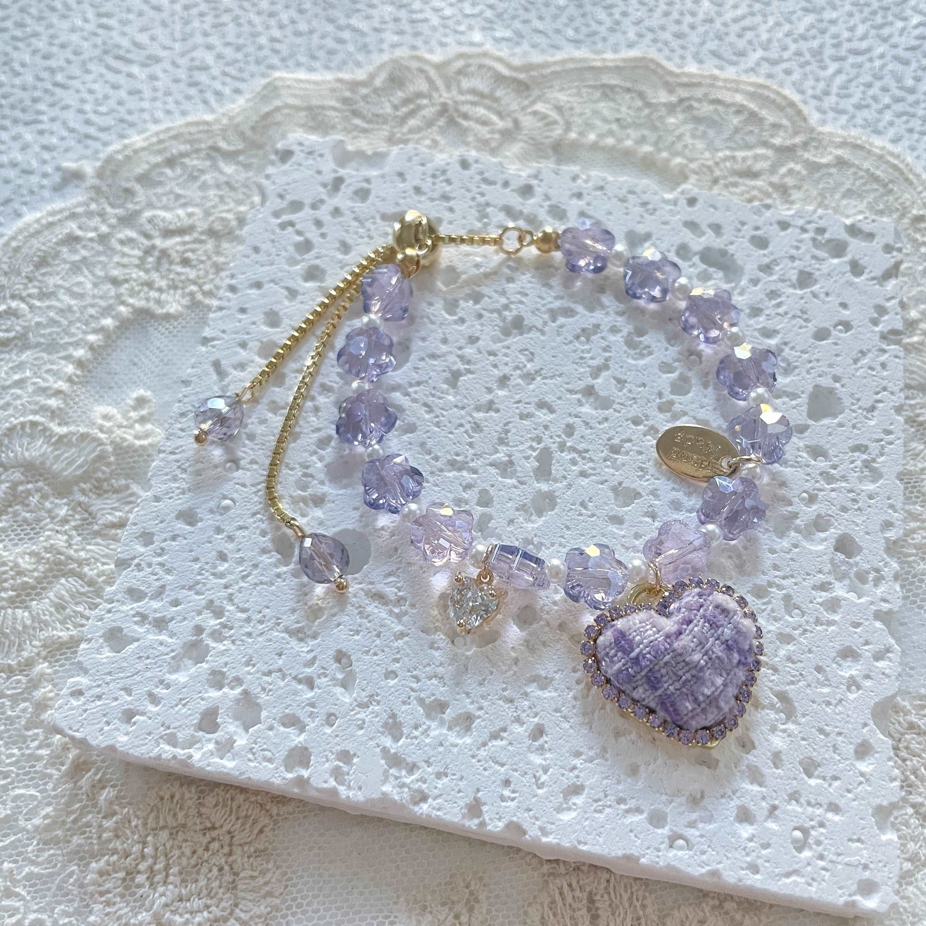 Purple flower crystal heart charm bracelet - Sisilia Jewels