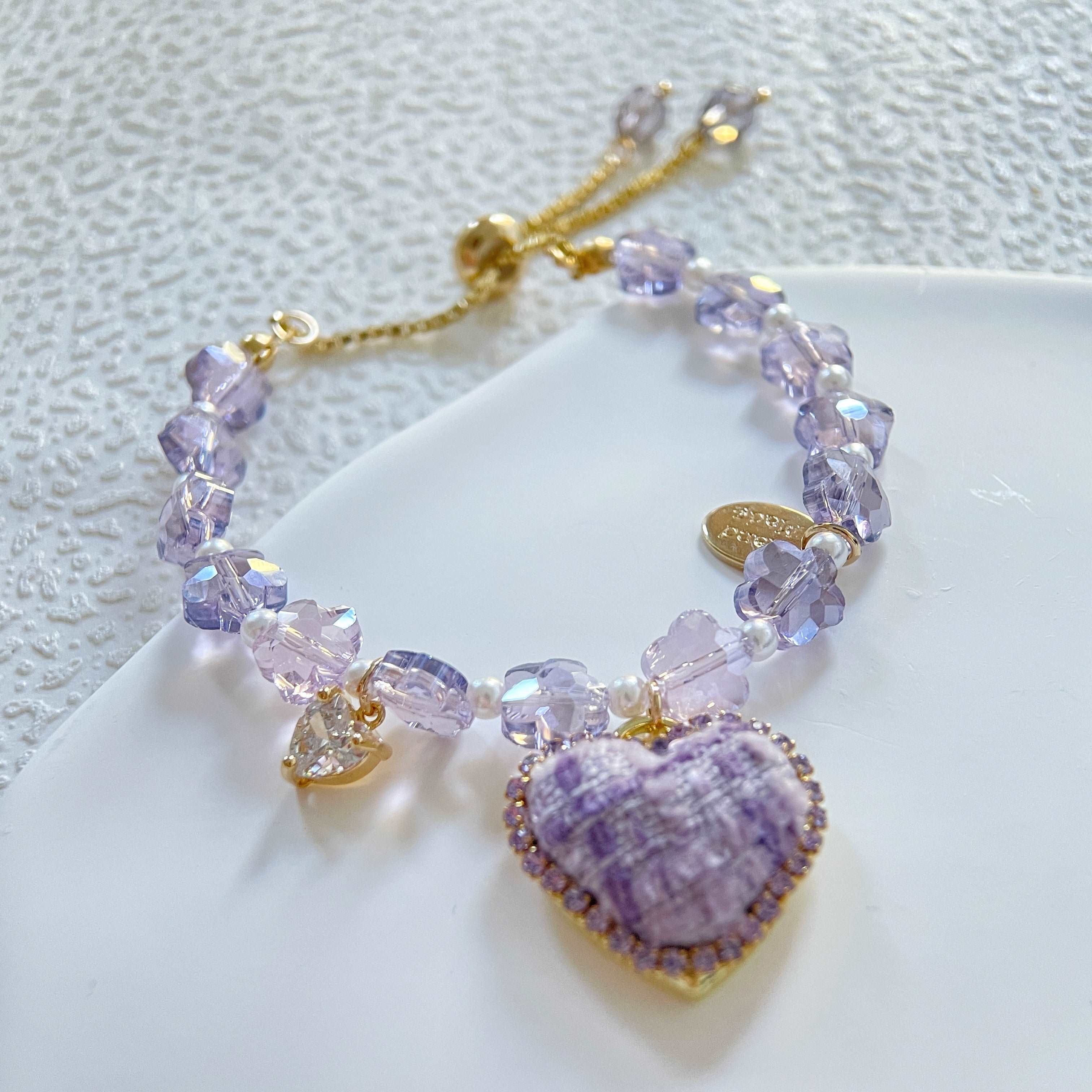 Purple flower crystal heart charm bracelet - Sisilia Jewels