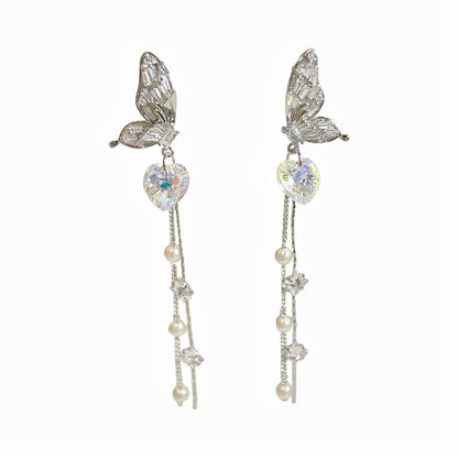 Earring dangles with paved butterfly wing design ,a heart shaped Swarovski Crystal and long tassels - Sisilia Jewels