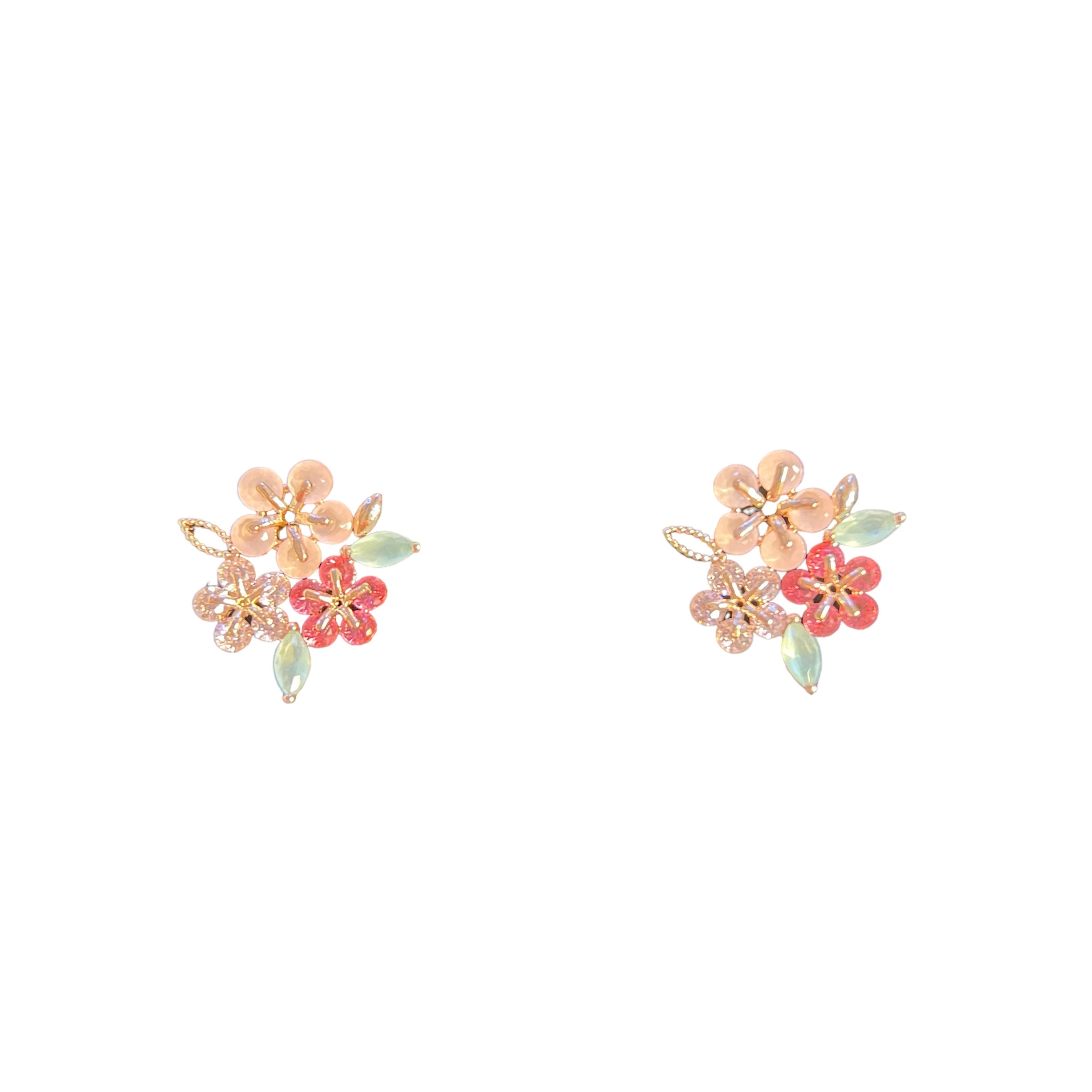 Pair of triple cluster flower earrings studs design in pink, mint green and red, highlighted by rose gold colour  leaves with push back earring pin closure -  Sisilia Jewels