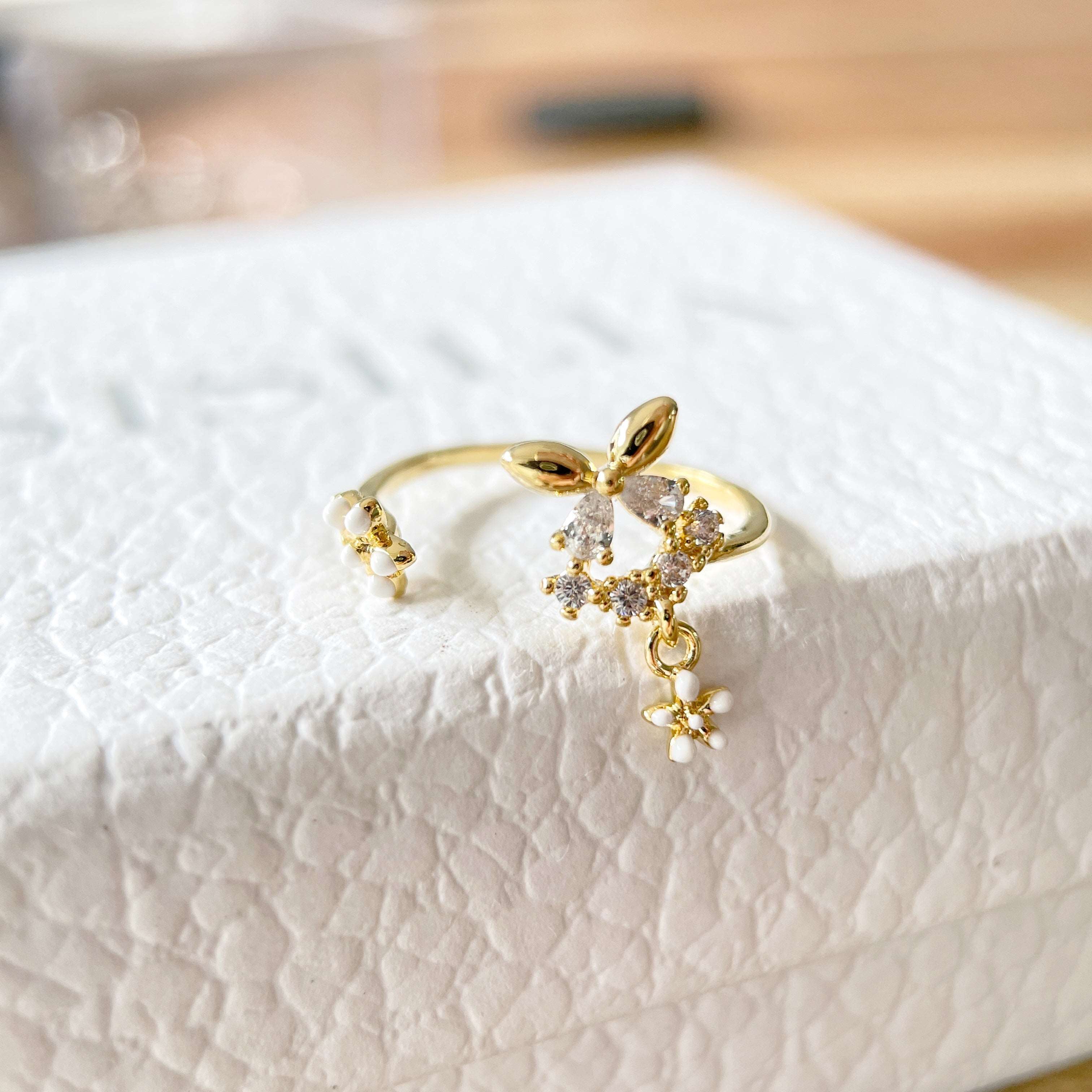 Butterfly Twin Blossom Gold Adjustable Ring