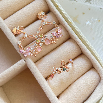 Rose gold butterfly and flower design drop earrings crafted with sparkle multi colored stones pairing with an adjustable rose gold colorful gems open ring - Sisilia Jewels