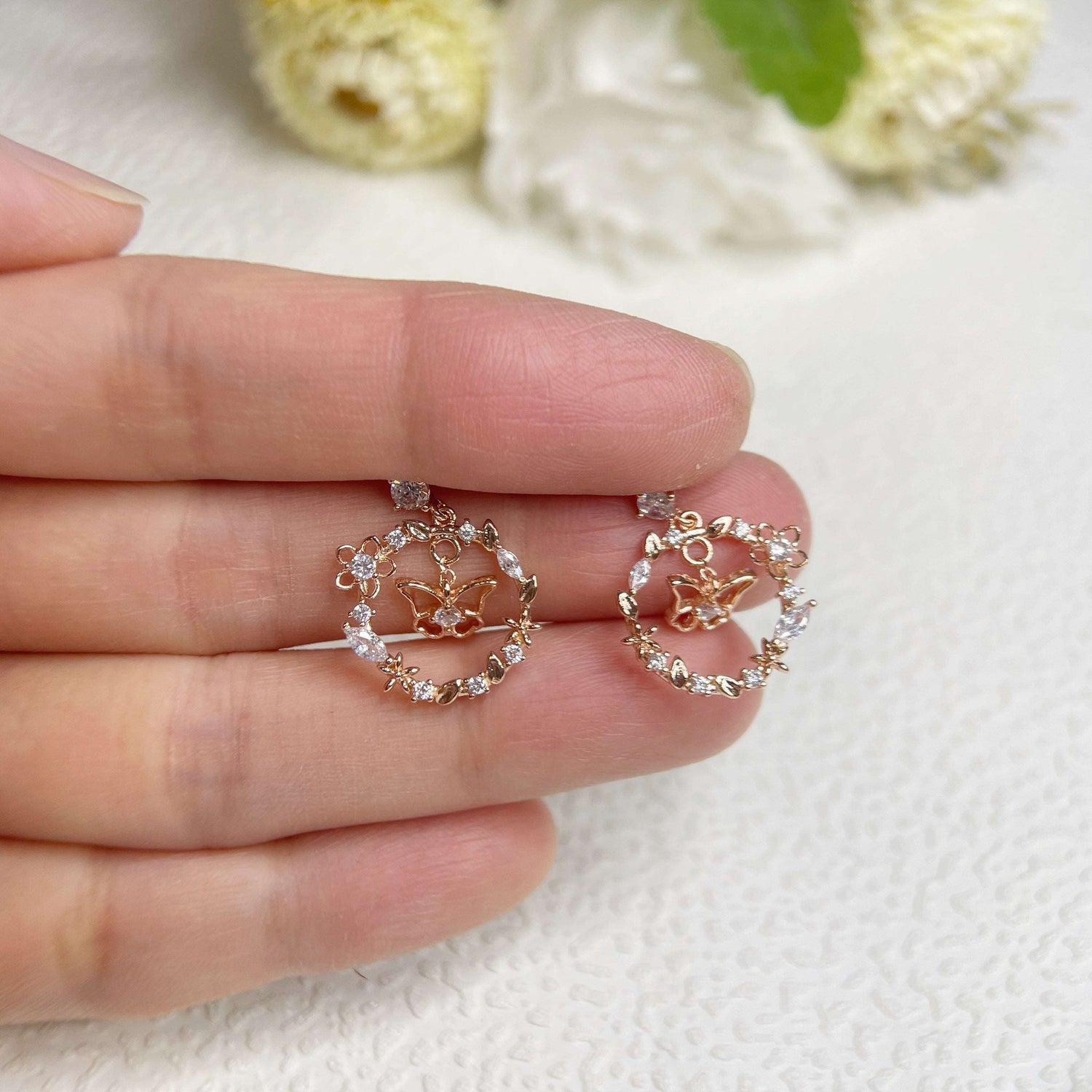 Fluttering Rose Gold Wreath Drop Earrings - Sisilia Jewels