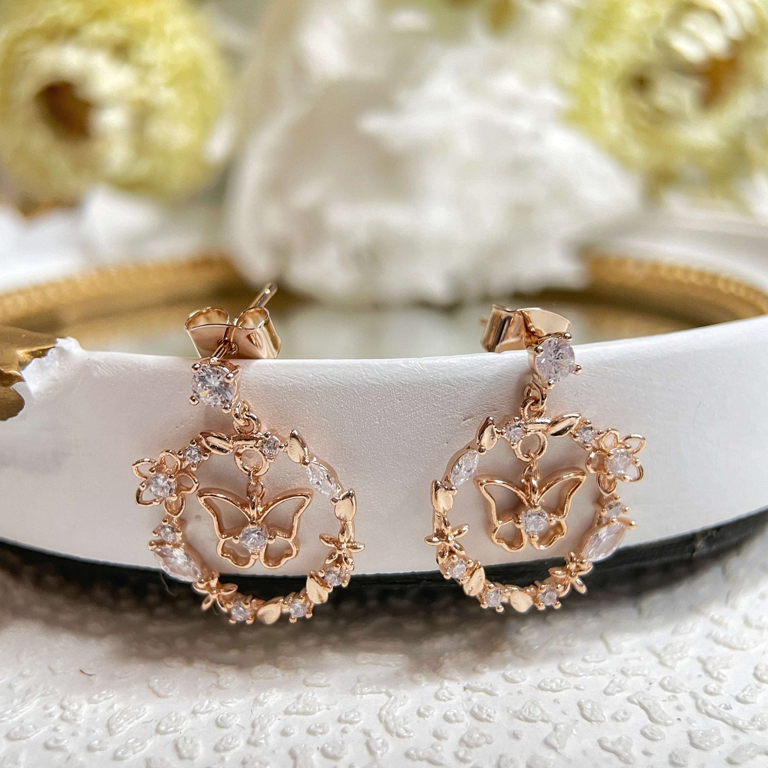 Fluttering Rose Gold Wreath Drop Earrings - Sisilia Jewels