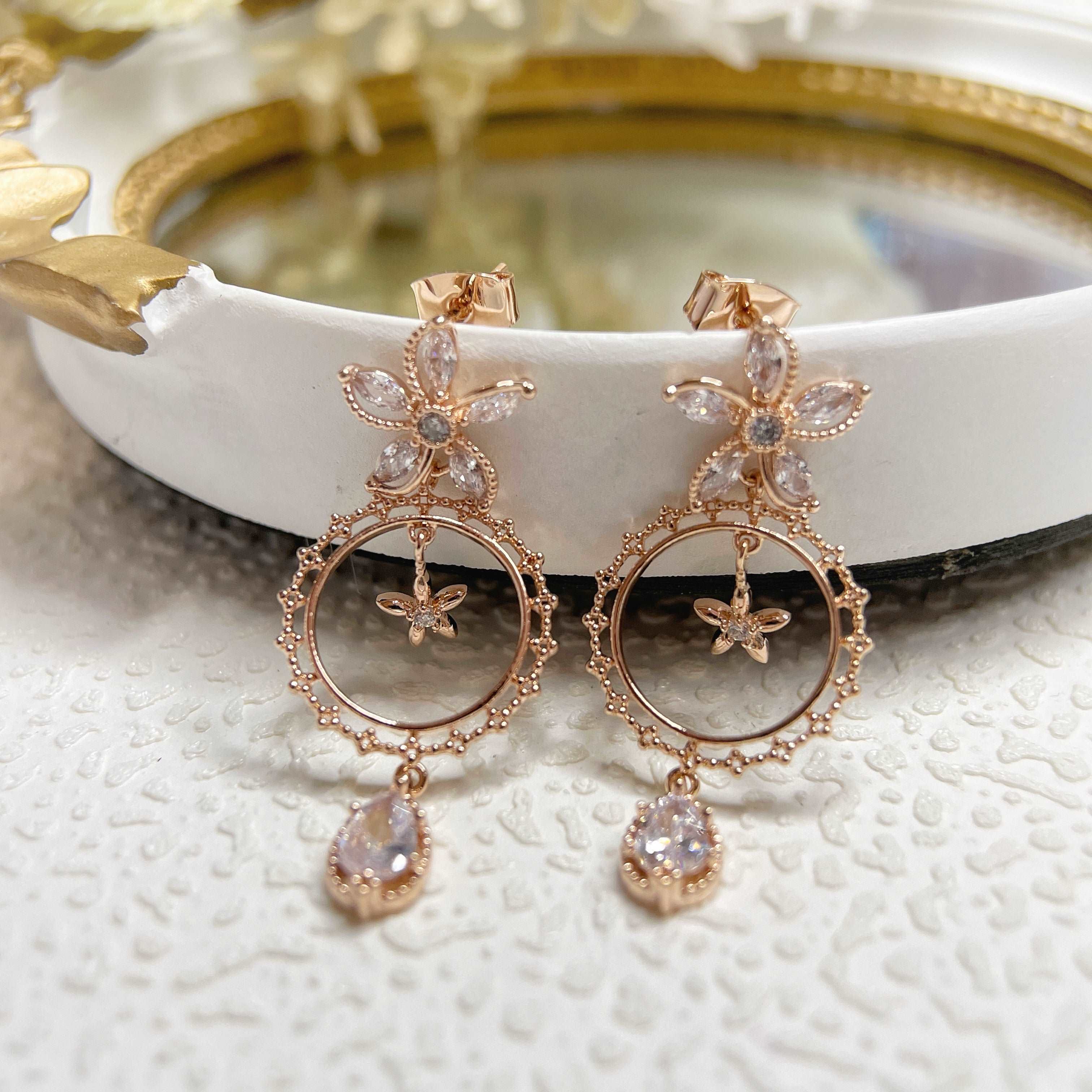 Rosegold Petal Sparkle Dangle Earrings - Sisilia Jewels