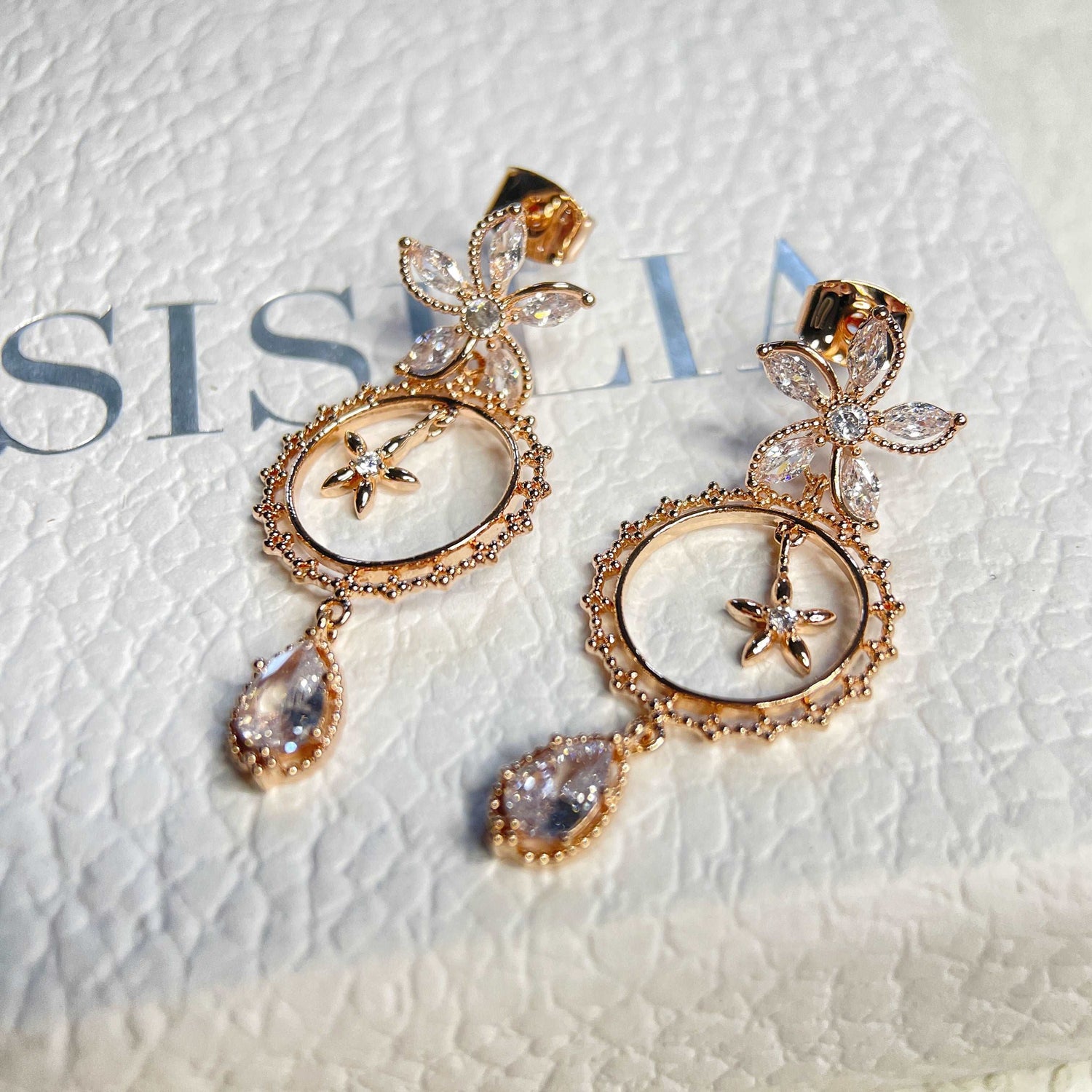 Rosegold Petal Sparkle Dangle Earrings - Sisilia Jewels