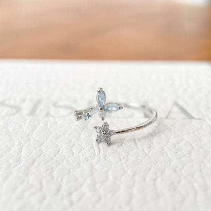 Fluttering Star Petals Gem Silver Open Ring