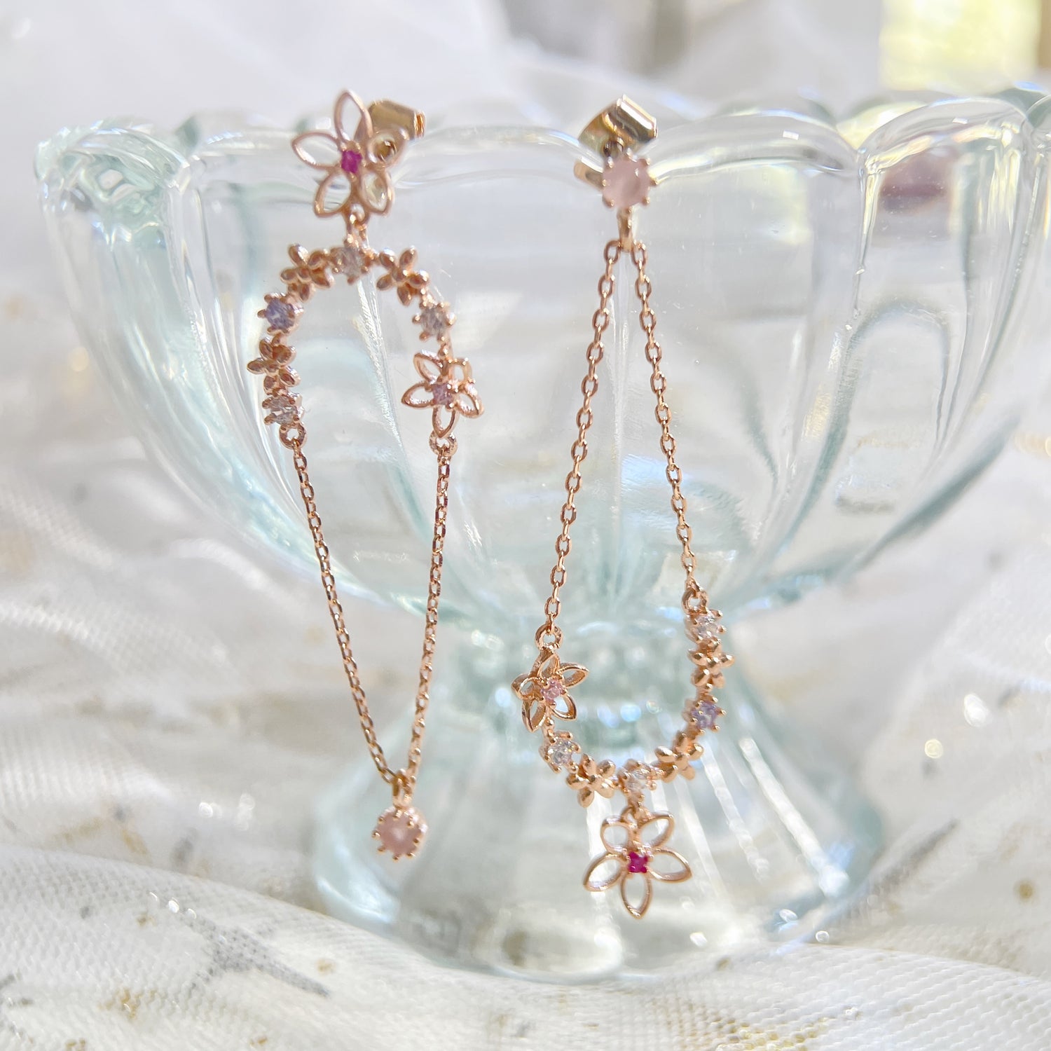 air of rose gold mismatched earring dangles, crafted with multi colored sparkle gemstones and cubic zirconia. A perfect Christmas Gift for Her - Sisilia Jewels