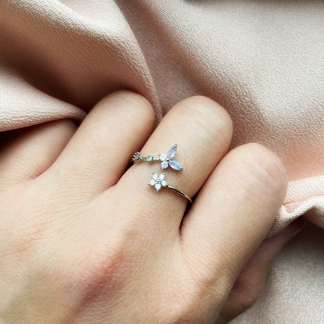 Fluttering Star Petals Gem Silver Open Ring - Sisilia Jewels