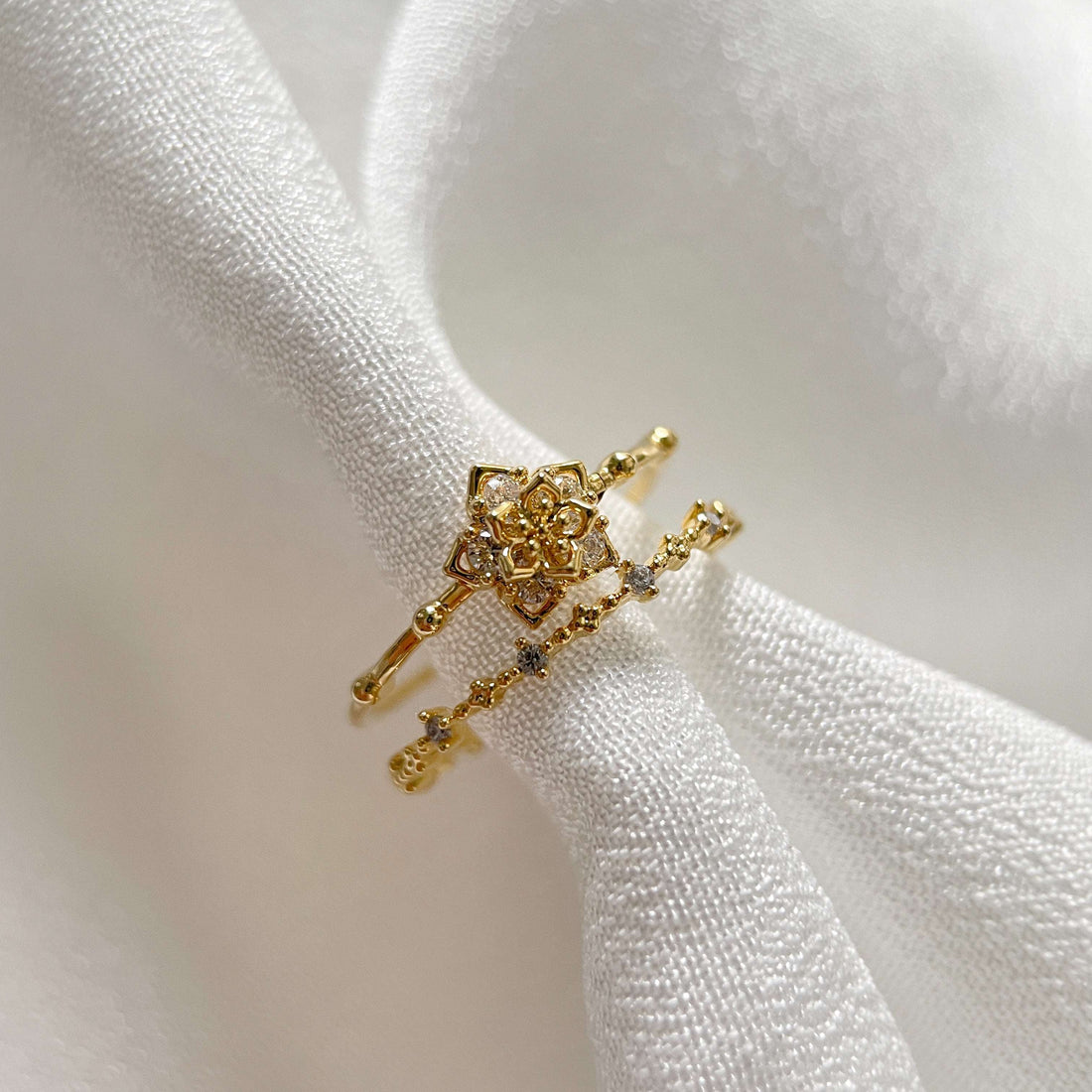 Starry Flower Gold Double Band Adjustable Ring - Sisilia Jewels