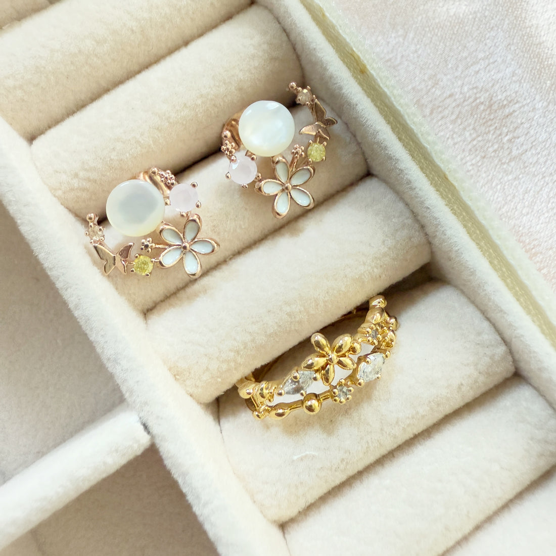 Adjustable Gold Ring & Flower Earring Studs Set - Sisilia Jewels